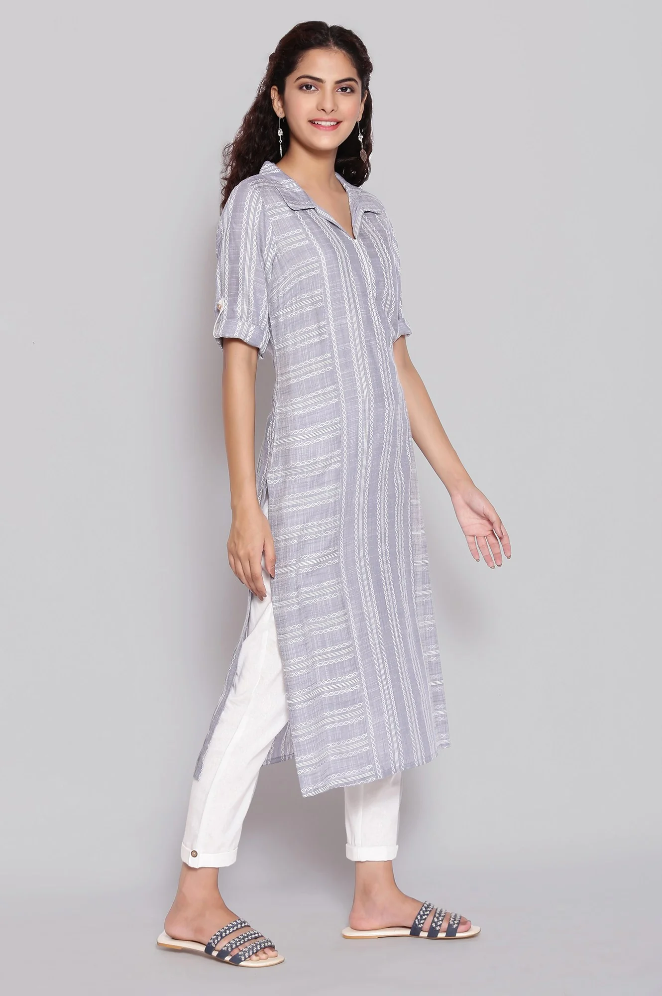 Dusty Blue Shirt Collar Straight kurta - Image 4