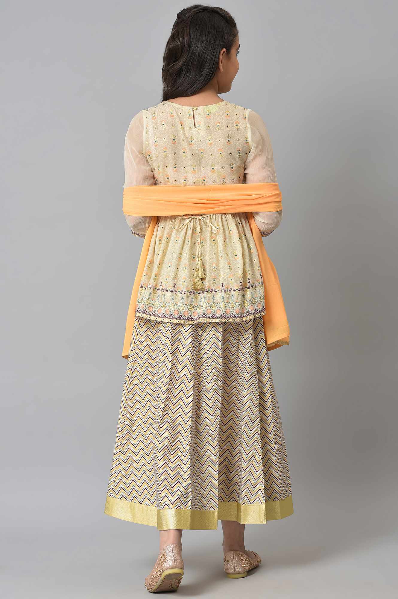 Girls Beige Floral Peplum Top With Skirt And Orange Dupatta - Image 2