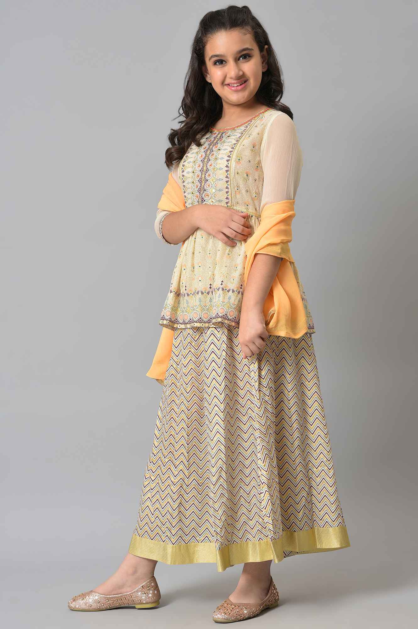 Girls Beige Floral Peplum Top With Skirt And Orange Dupatta - Image 3