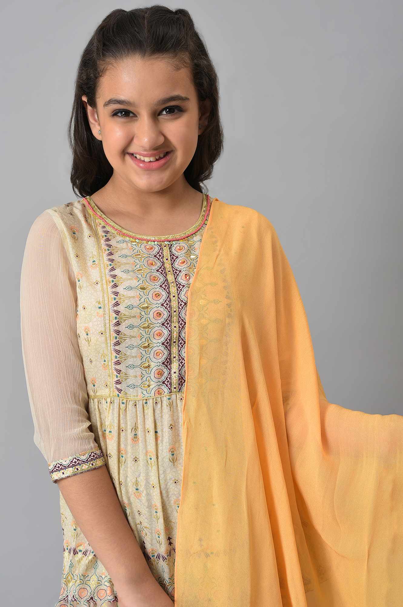 Girls Beige Floral Peplum Top With Skirt And Orange Dupatta - Image 5