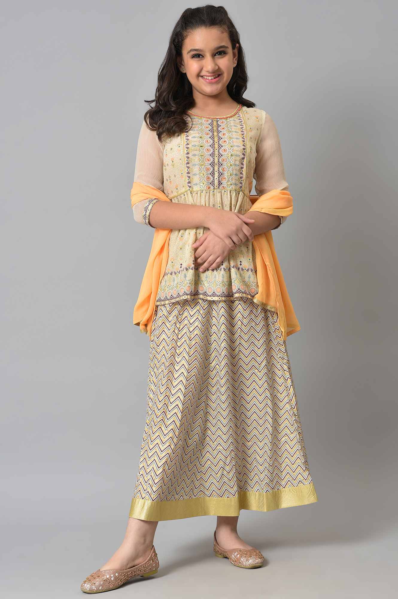 Girls Beige Floral Peplum Top With Skirt And Orange Dupatta - Image 9