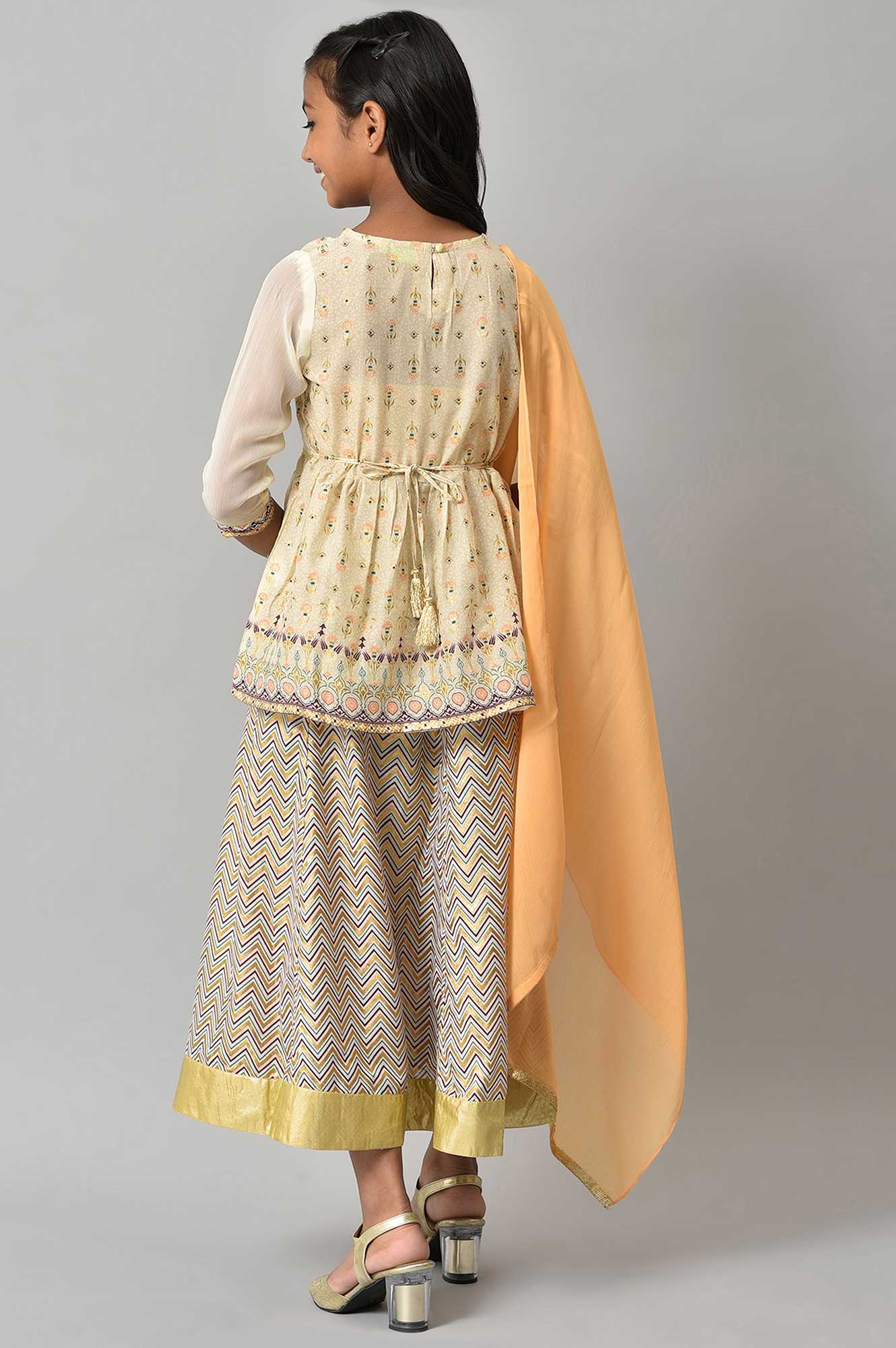 Girls Beige Floral Peplum Top With Skirt And Orange Dupatta - Image 2
