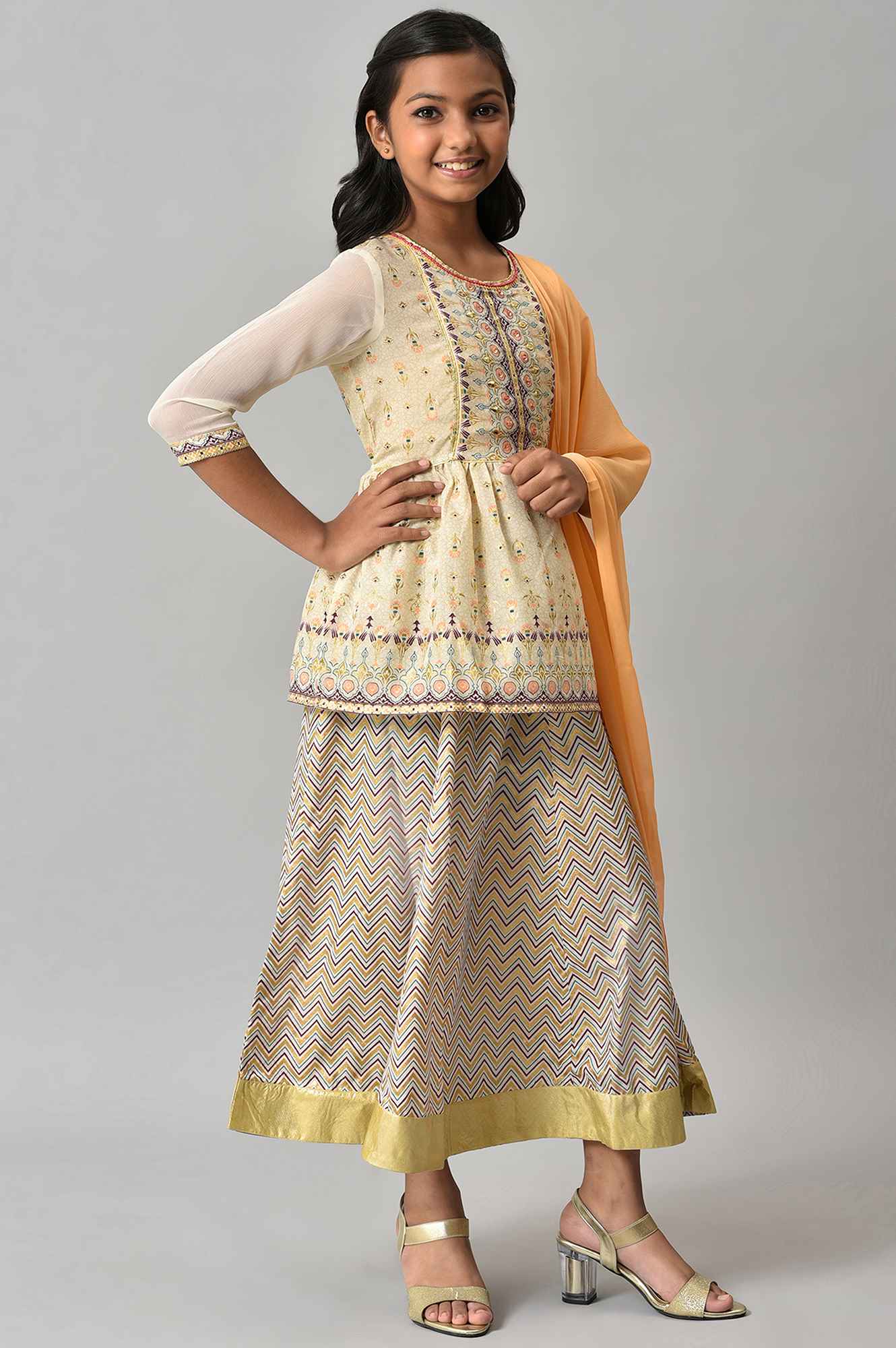 Girls Beige Floral Peplum Top With Skirt And Orange Dupatta - Image 4