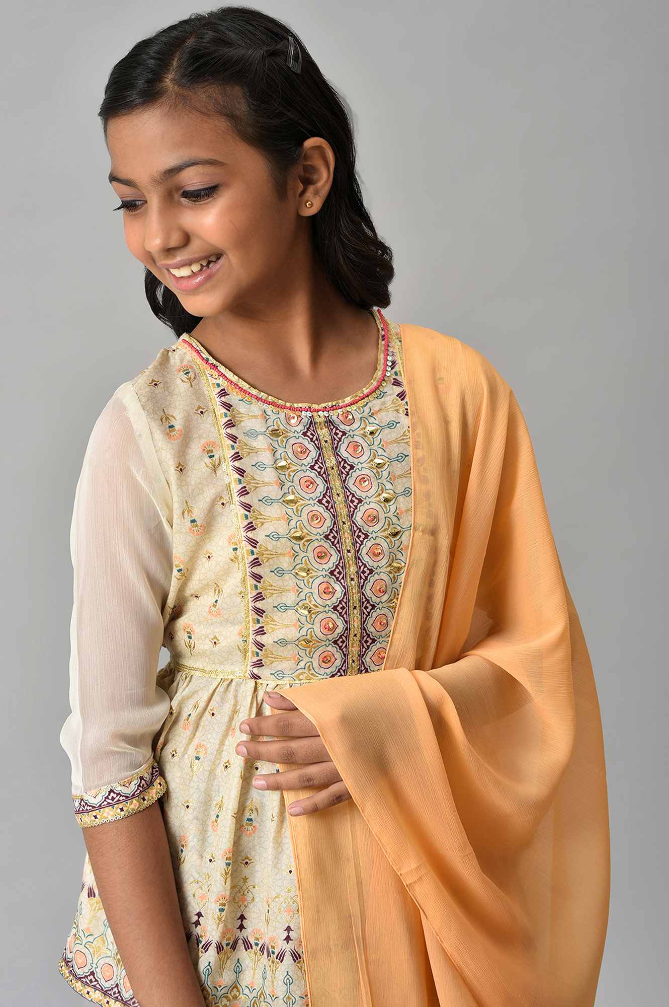 Girls Beige Floral Peplum Top With Skirt And Orange Dupatta - Image 5