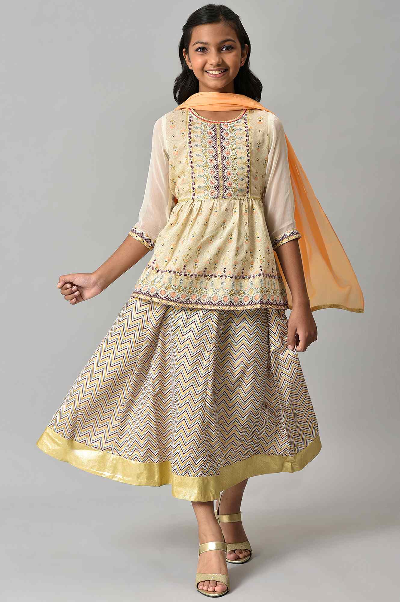 Girls Beige Floral Peplum Top With Skirt And Orange Dupatta - Image 9