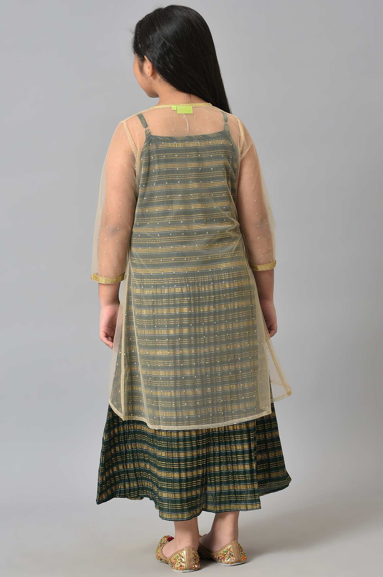 Girls Beige Gillet With Green Printed Dress Set - Image 2