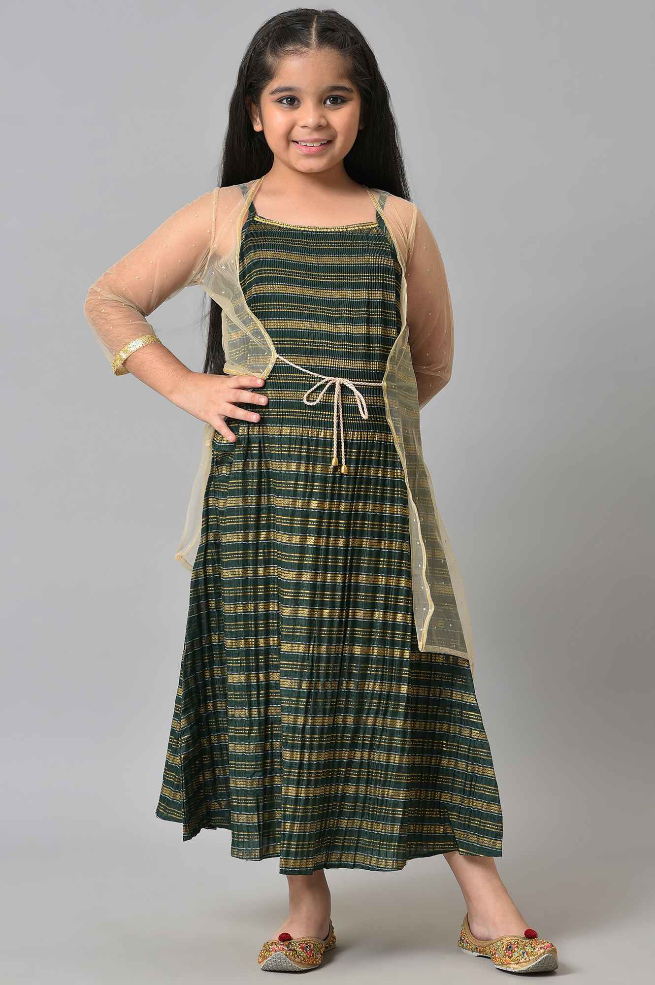 Girls Beige Gillet With Green Printed Dress Set - Image 8