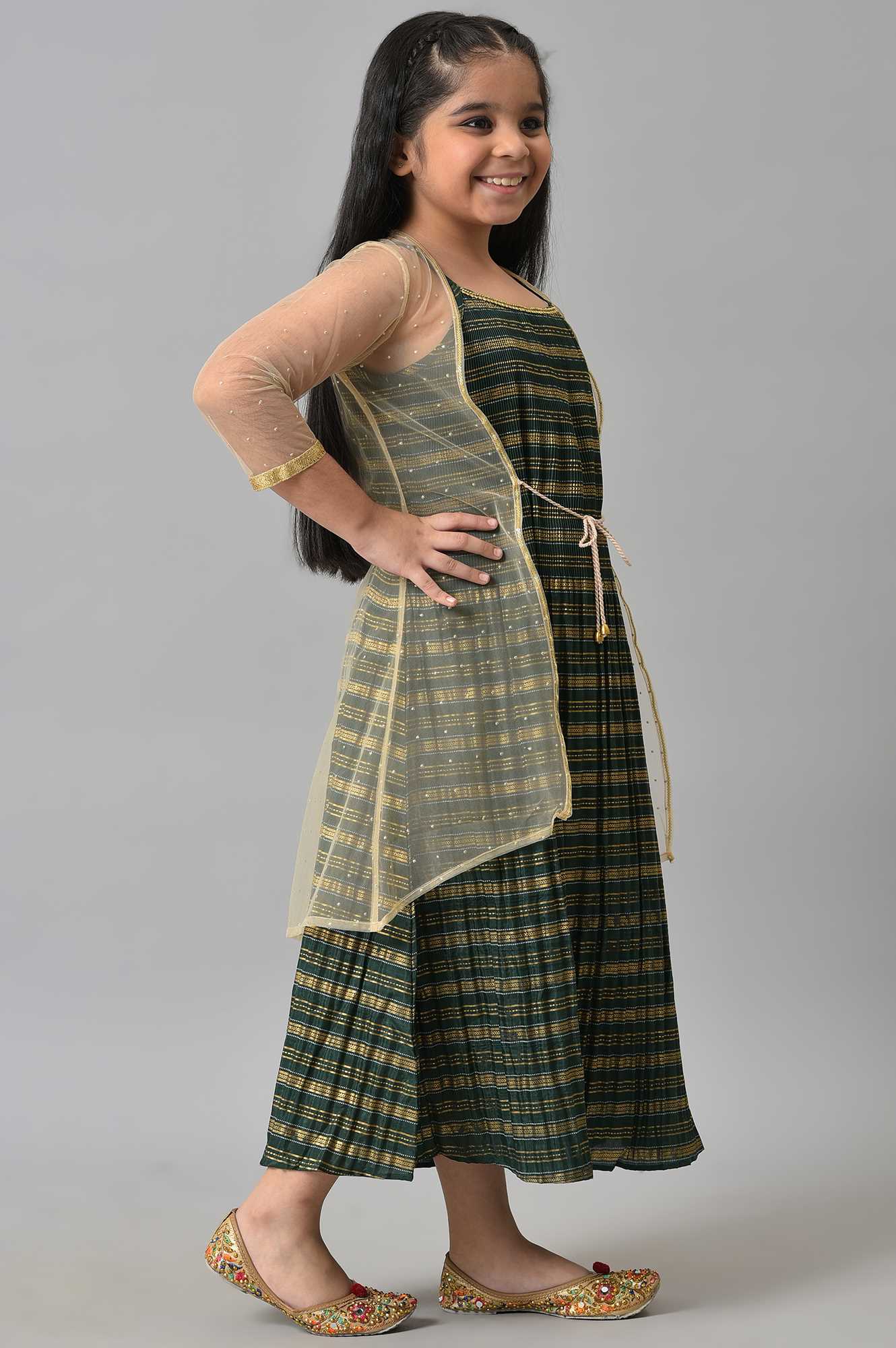 Girls Beige Gillet With Green Printed Dress Set - Image 4
