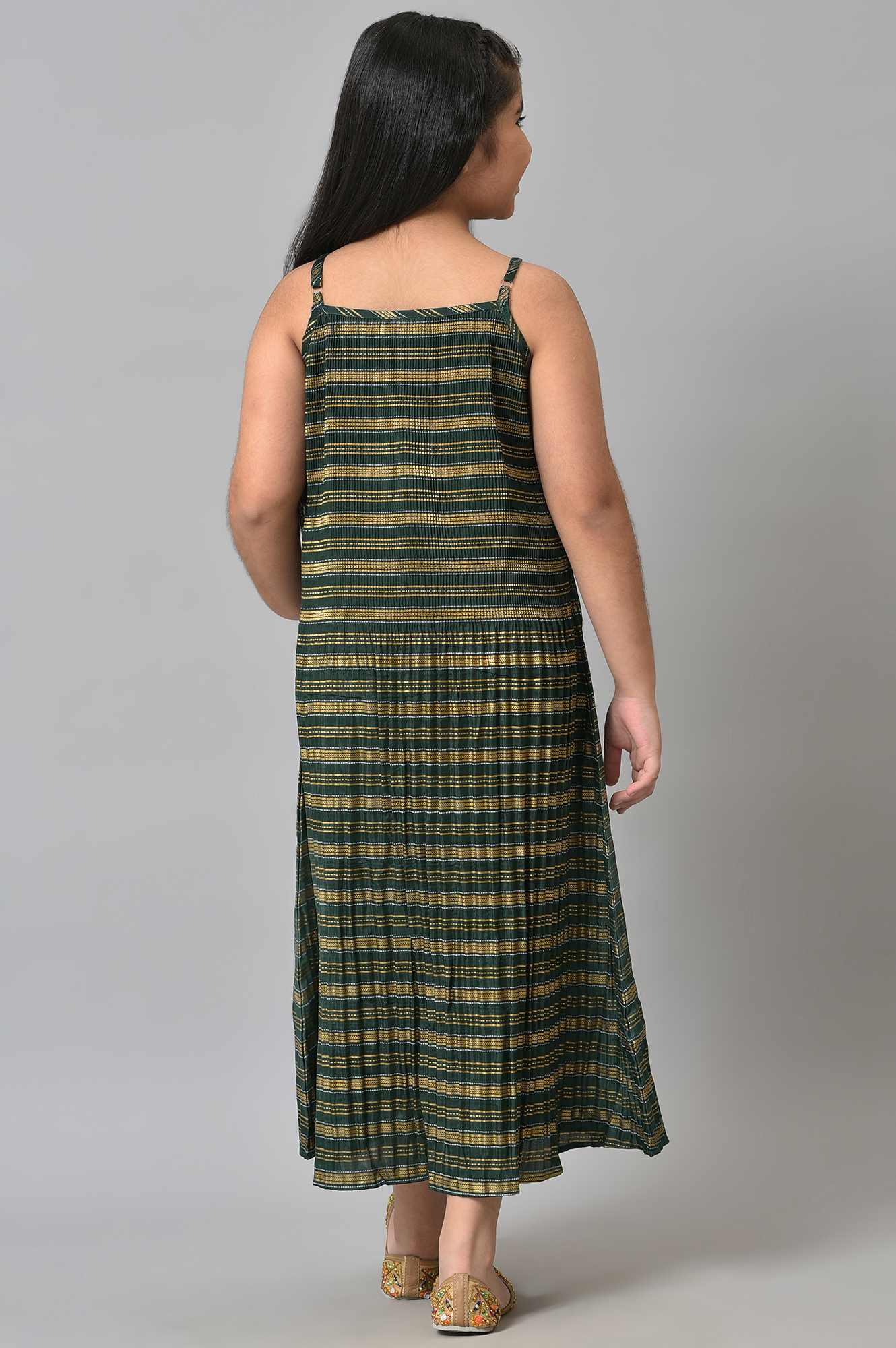 Girls Beige Gillet With Green Printed Dress Set - Image 7