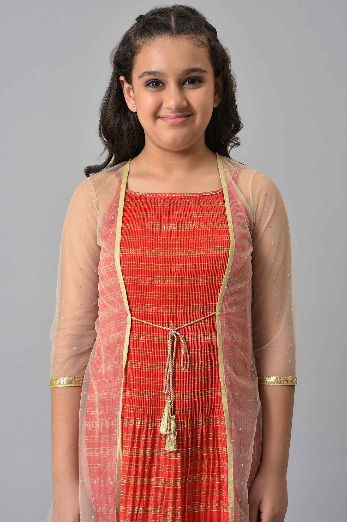 Girls Beige Gillet With Red Printed Dress Set - Image 5