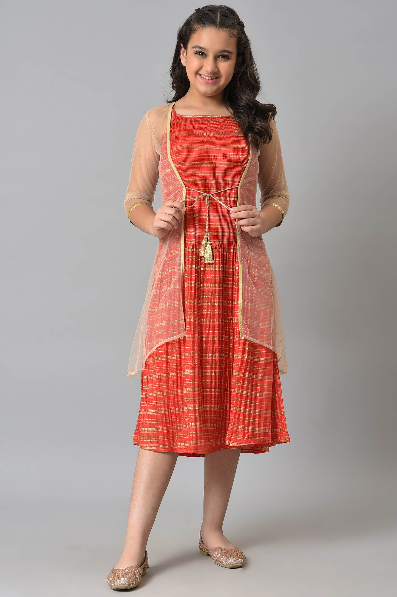 Girls Beige Gillet With Red Printed Dress Set - Image 8