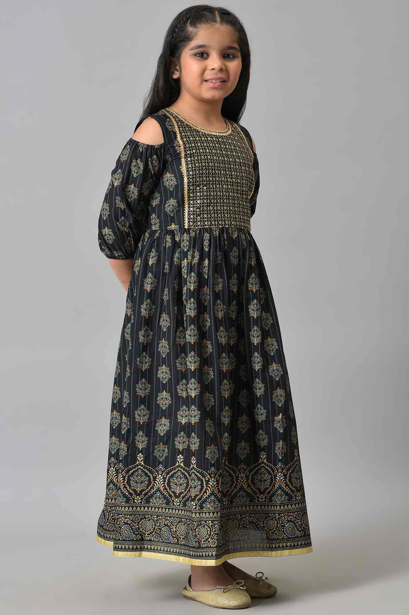 Girls Black Embroidered Festive Dress - Image 4