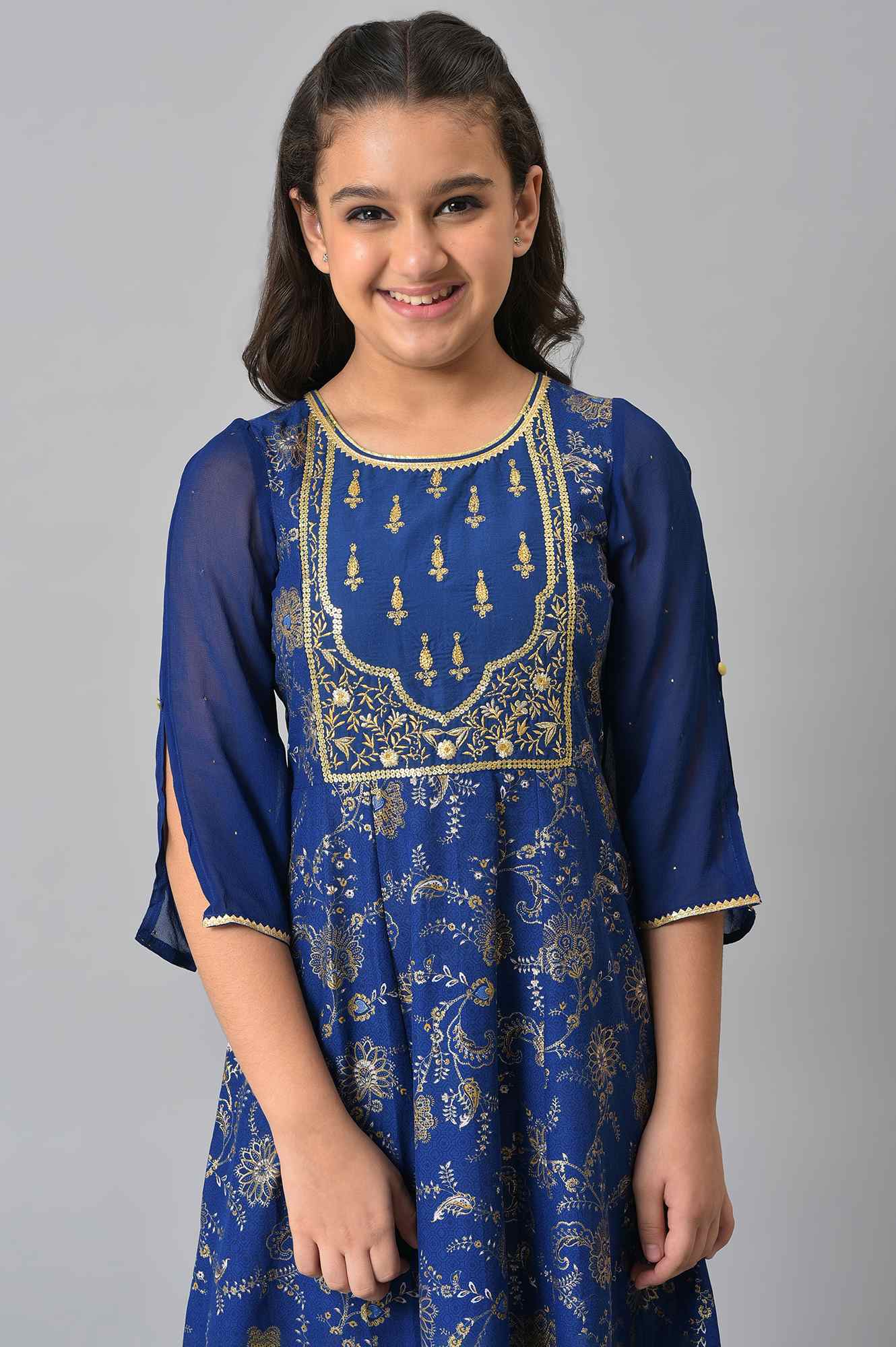 Girls Blue Embroidered Festive Dress - Image 6