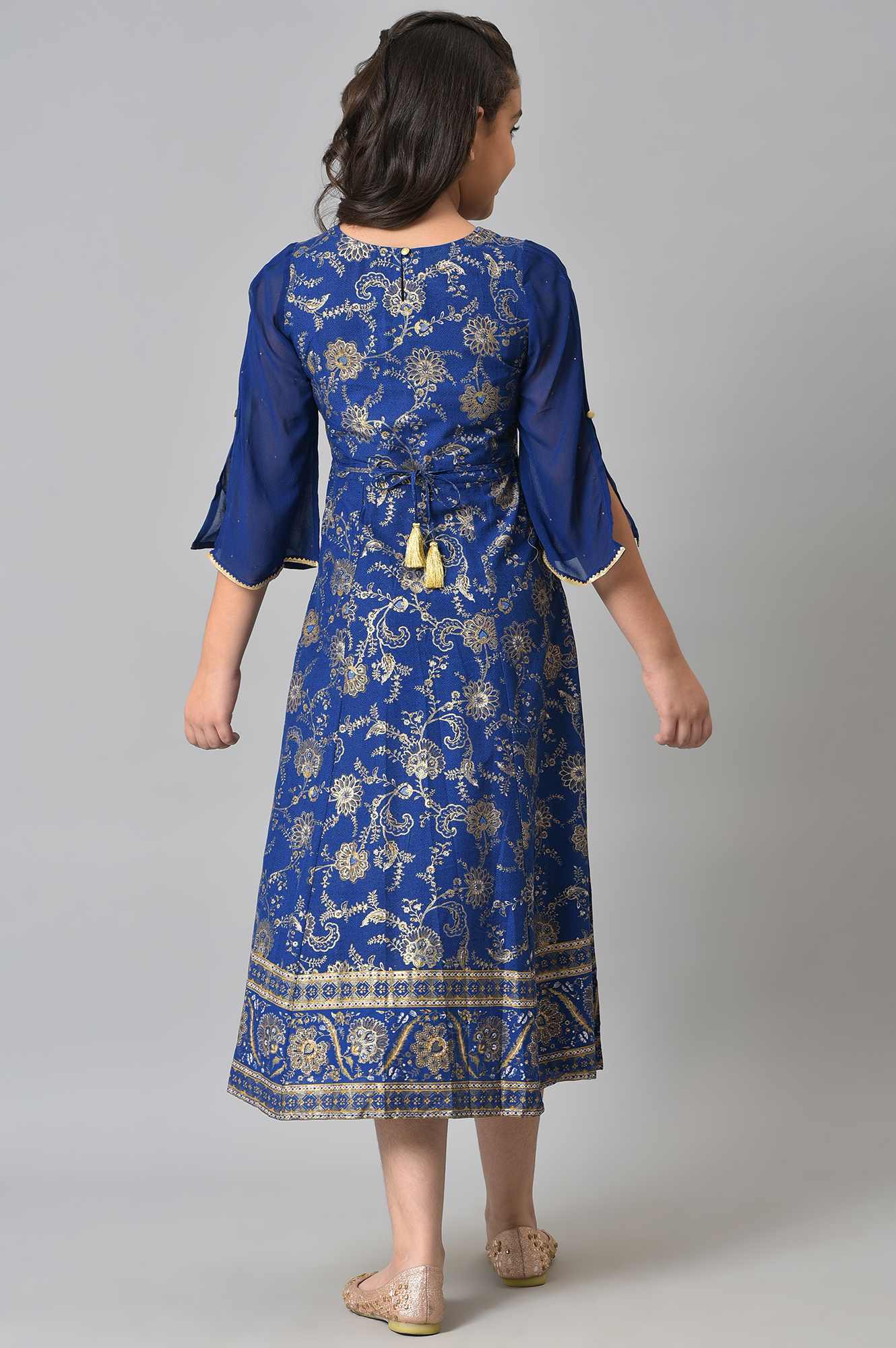 Girls Blue Embroidered Festive Dress - Image 2
