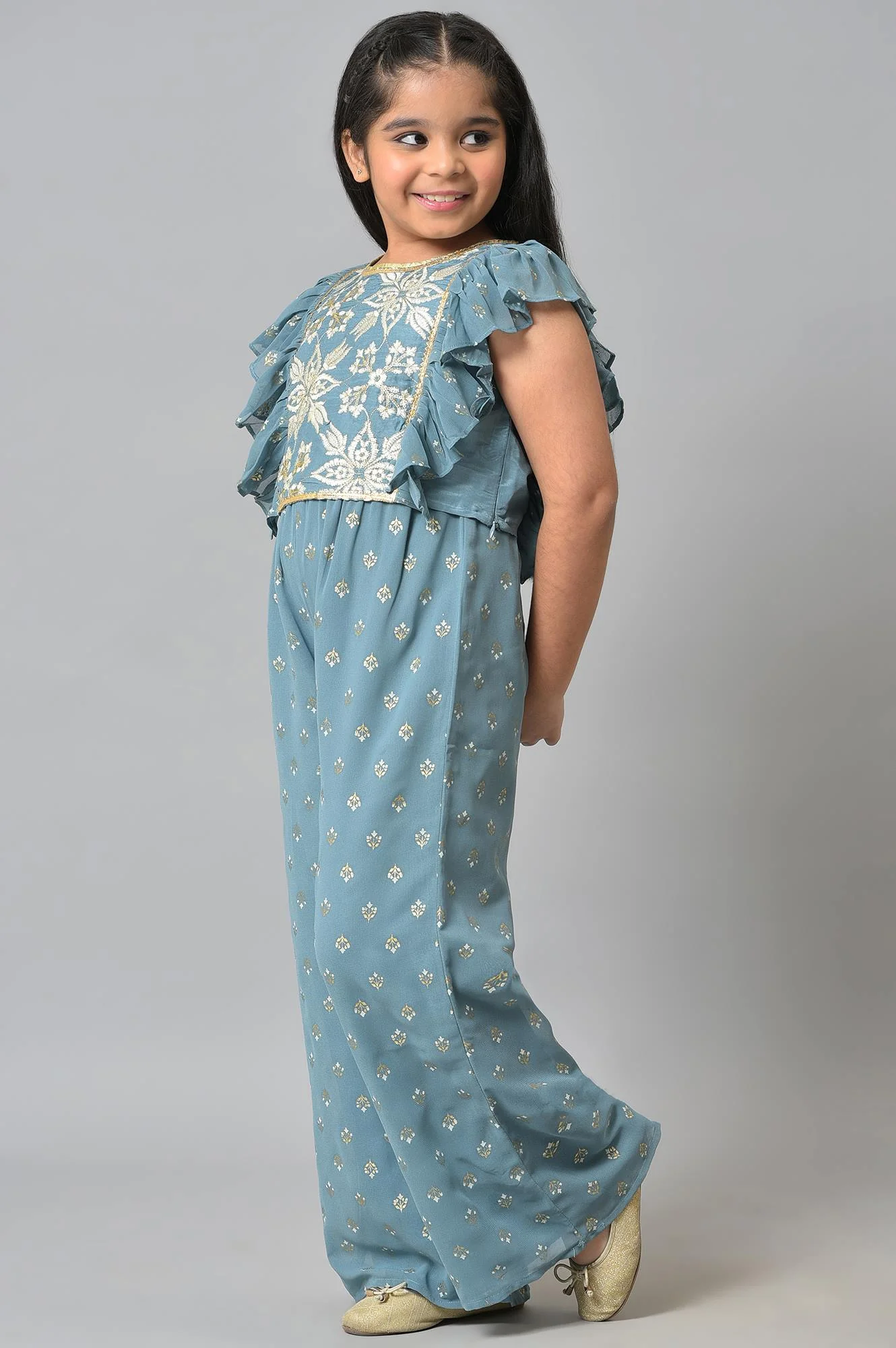 Girls Blue Embroidered Ruffle Top With Palazzo - Image 3