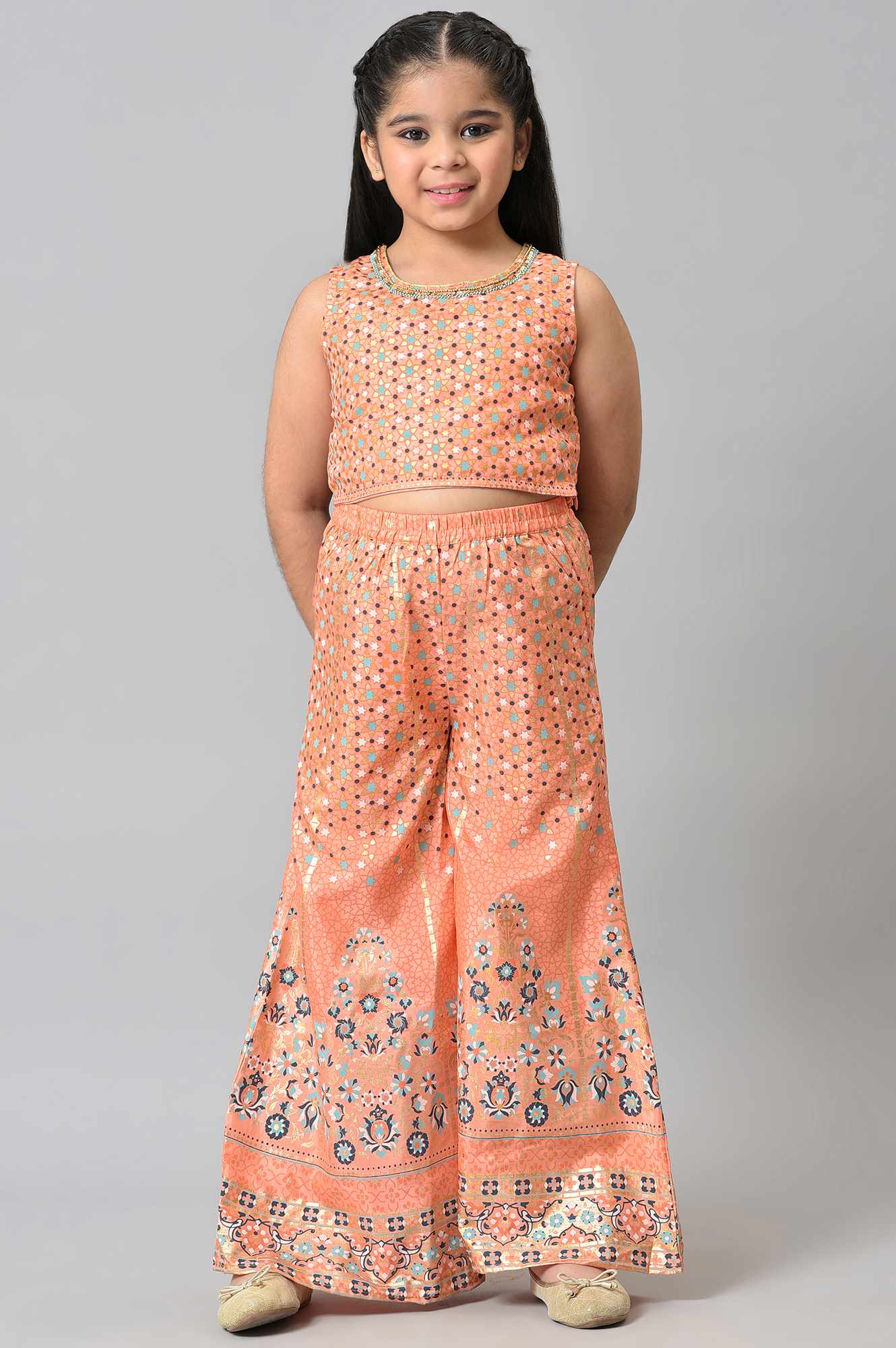 Girls Blue Floral Print Gillet With Peach Crop Top And Straight Palazzo - Image 8