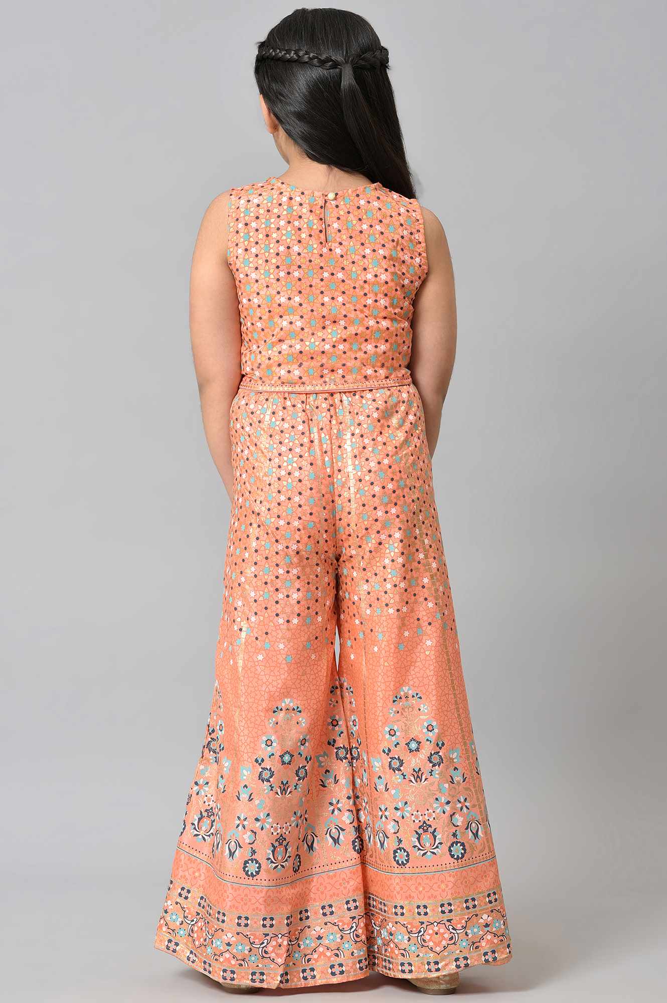 Girls Blue Floral Print Gillet With Peach Crop Top And Straight Palazzo - Image 9