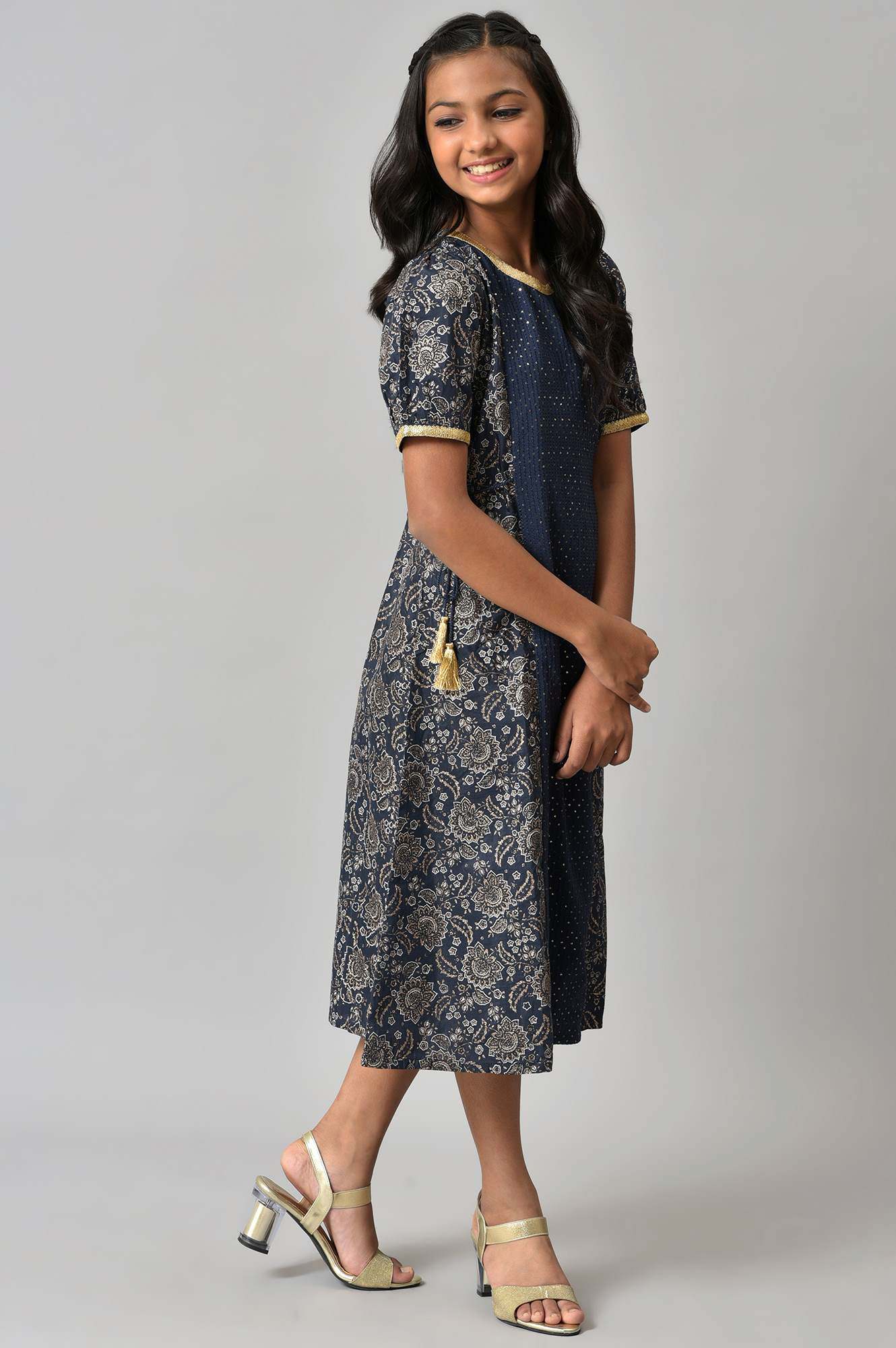 Girls Blue Floral Printed And Sequined Dress - Image 4