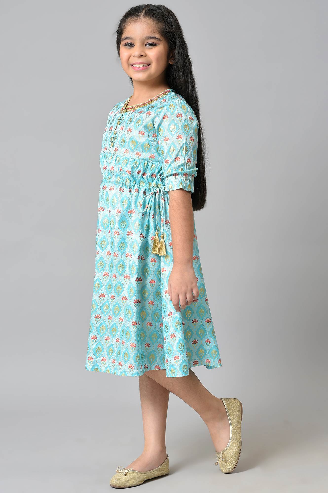 Girls Blue Floral Printed Liva Girls Dress - Image 3