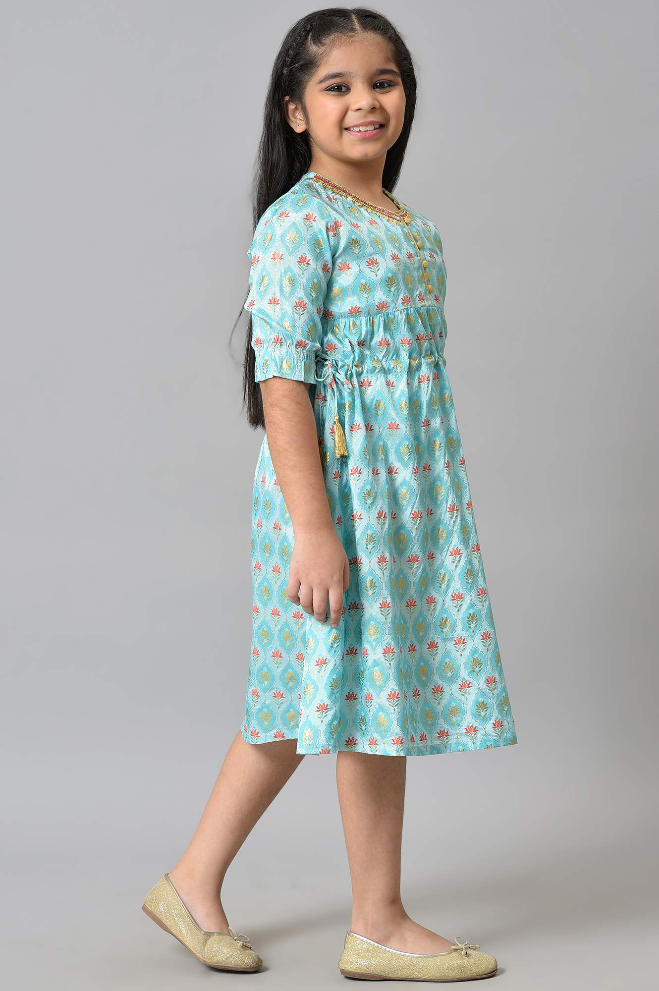 Girls Blue Floral Printed Liva Girls Dress - Image 4