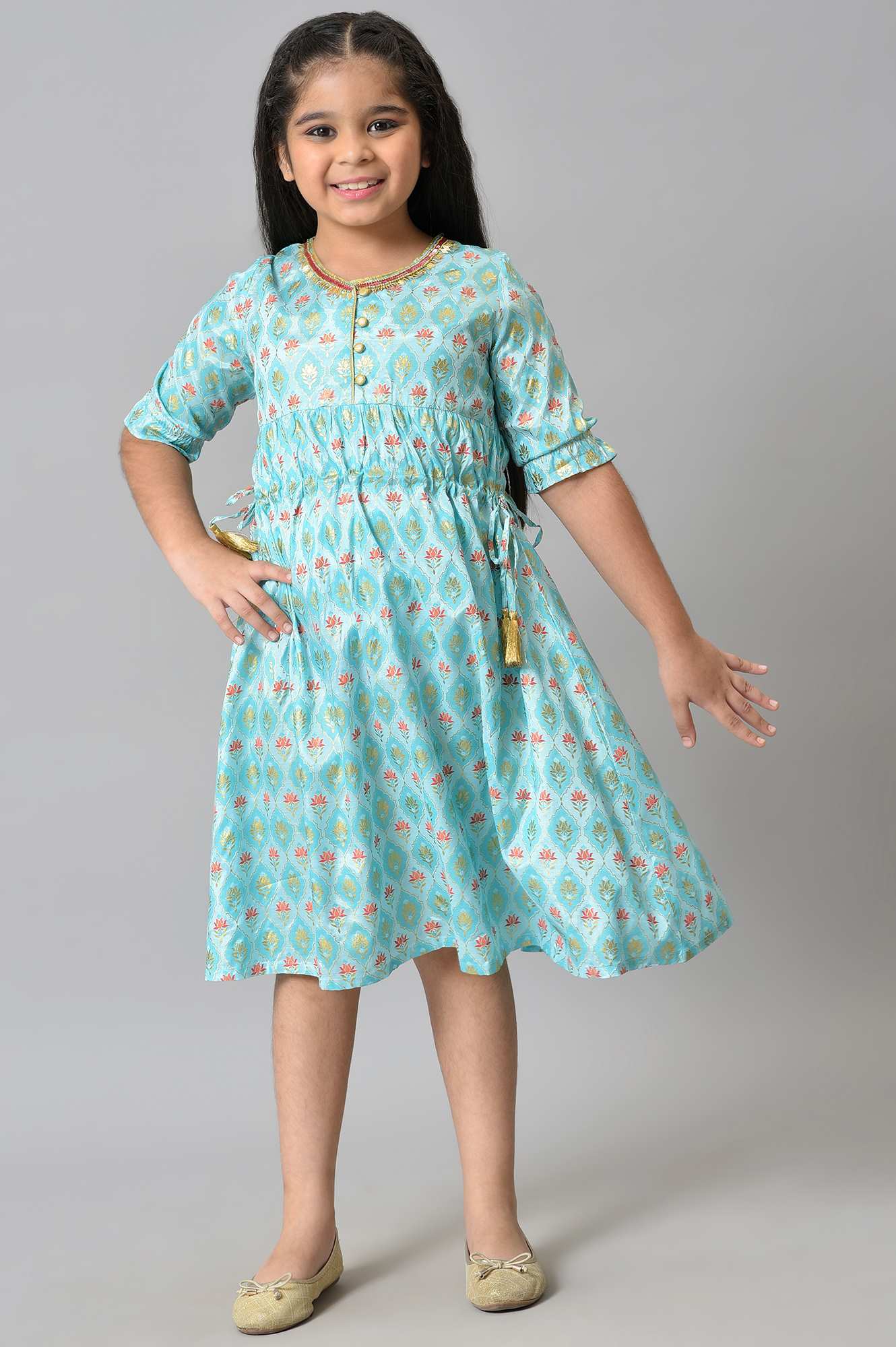 Girls Blue Floral Printed Liva Girls Dress - Image 5