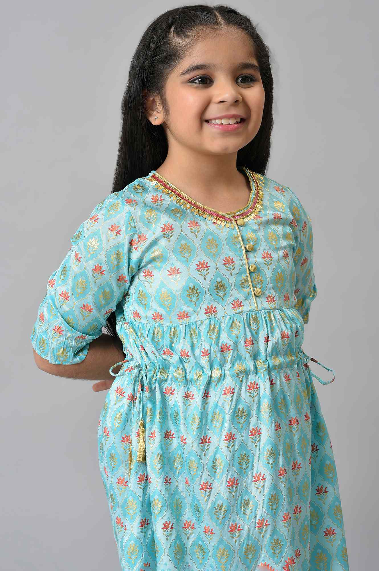 Girls Blue Floral Printed Liva Girls Dress - Image 6