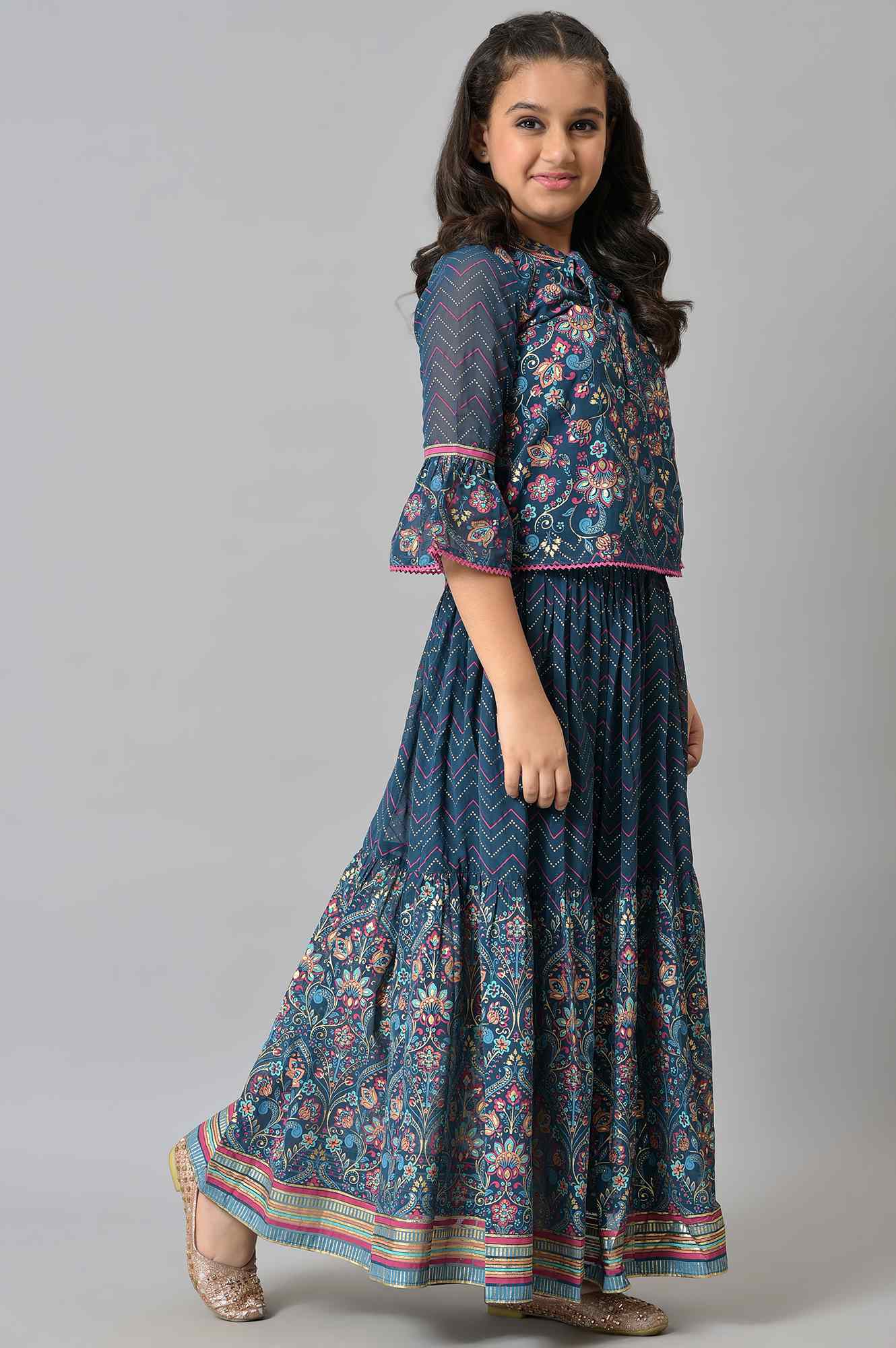 Girls Blue Floral Printed Top With Tiered Skirt - Image 4