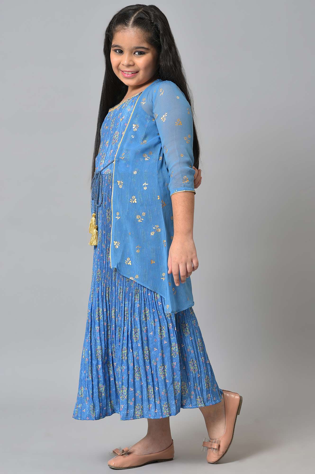 Girls Blue Gillet With Tiered Dress - Image 3