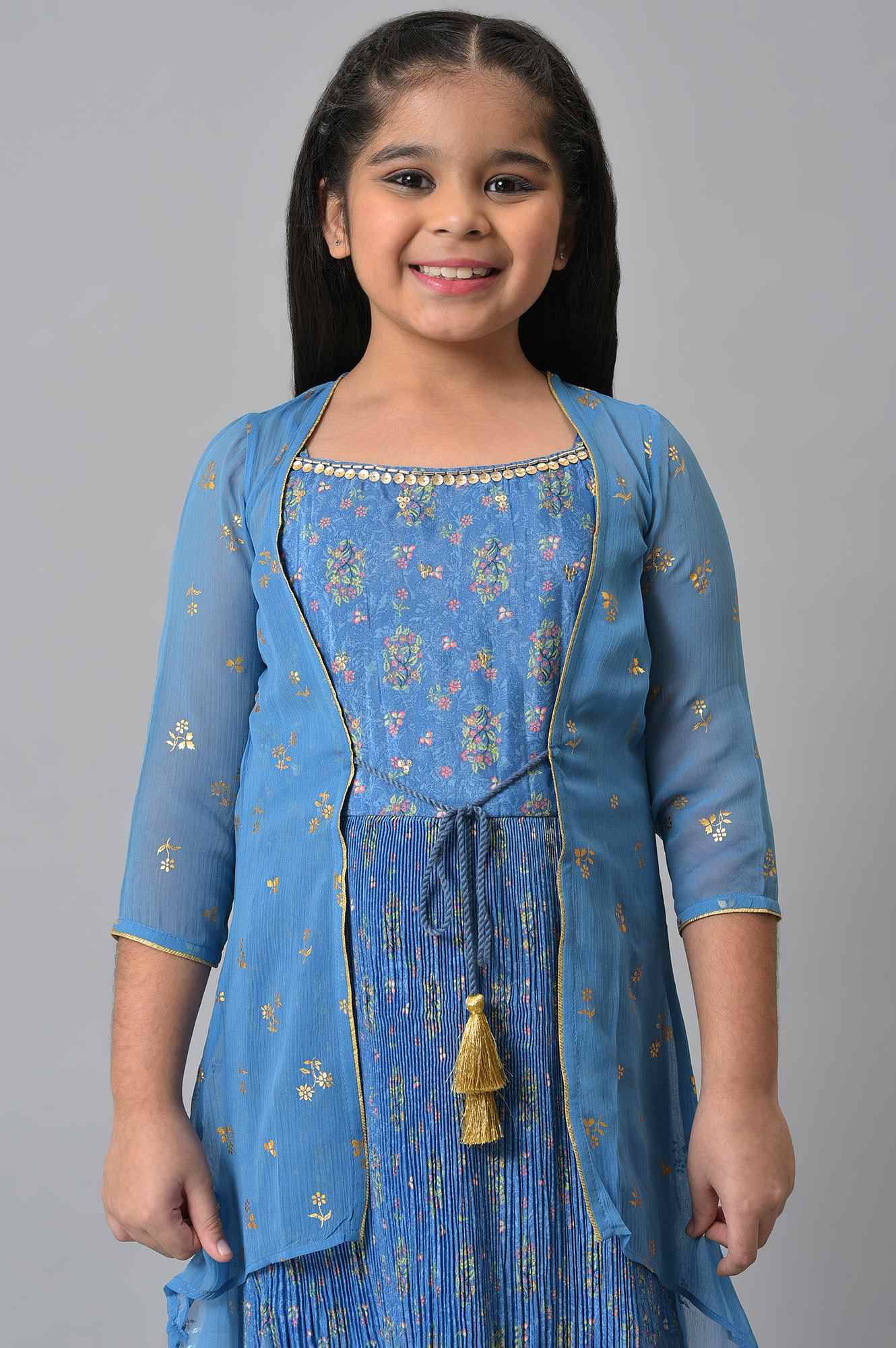 Girls Blue Gillet With Tiered Dress - Image 5