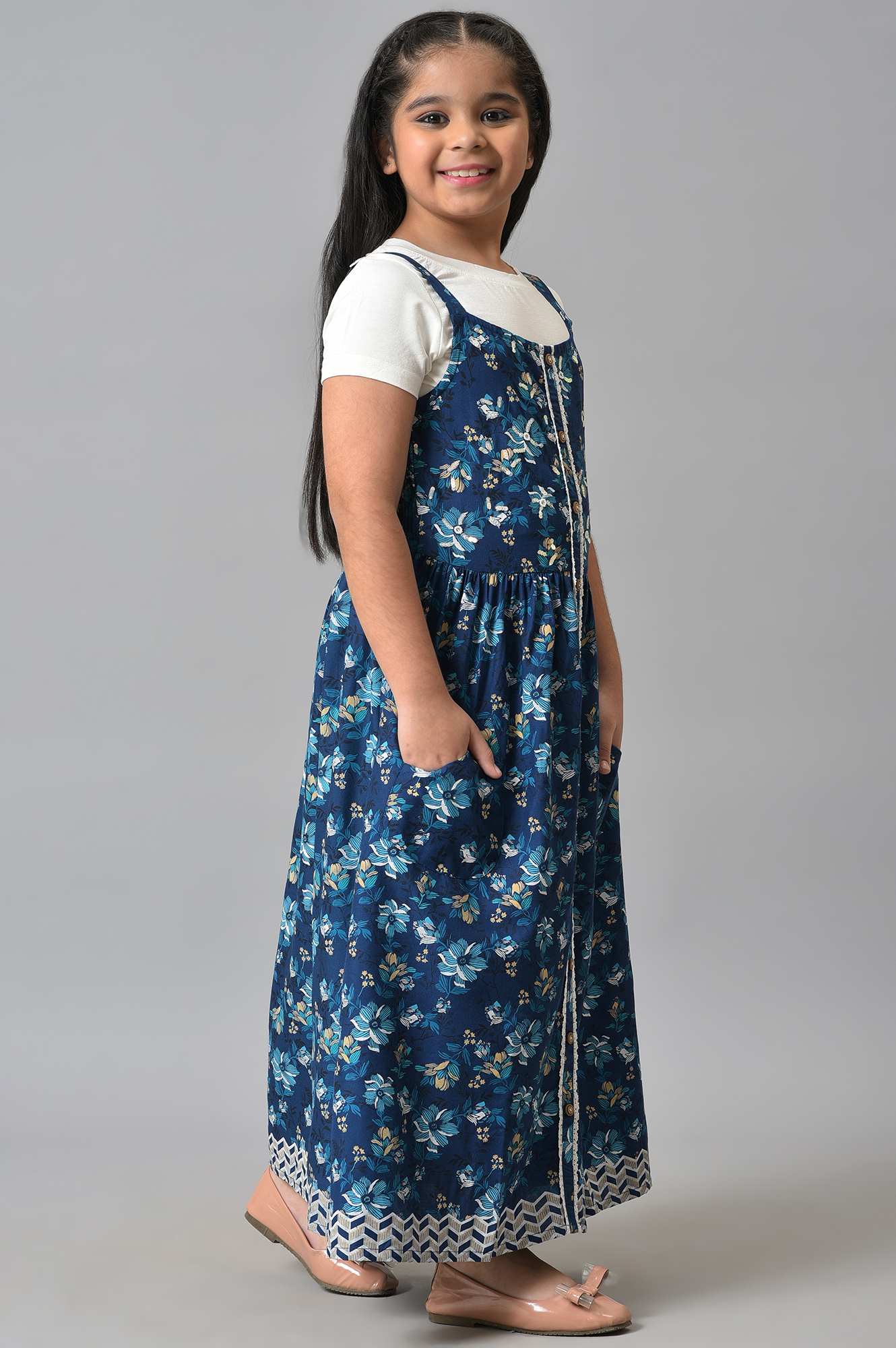 Girls Blue Round Neck Dress With Top - Image 4