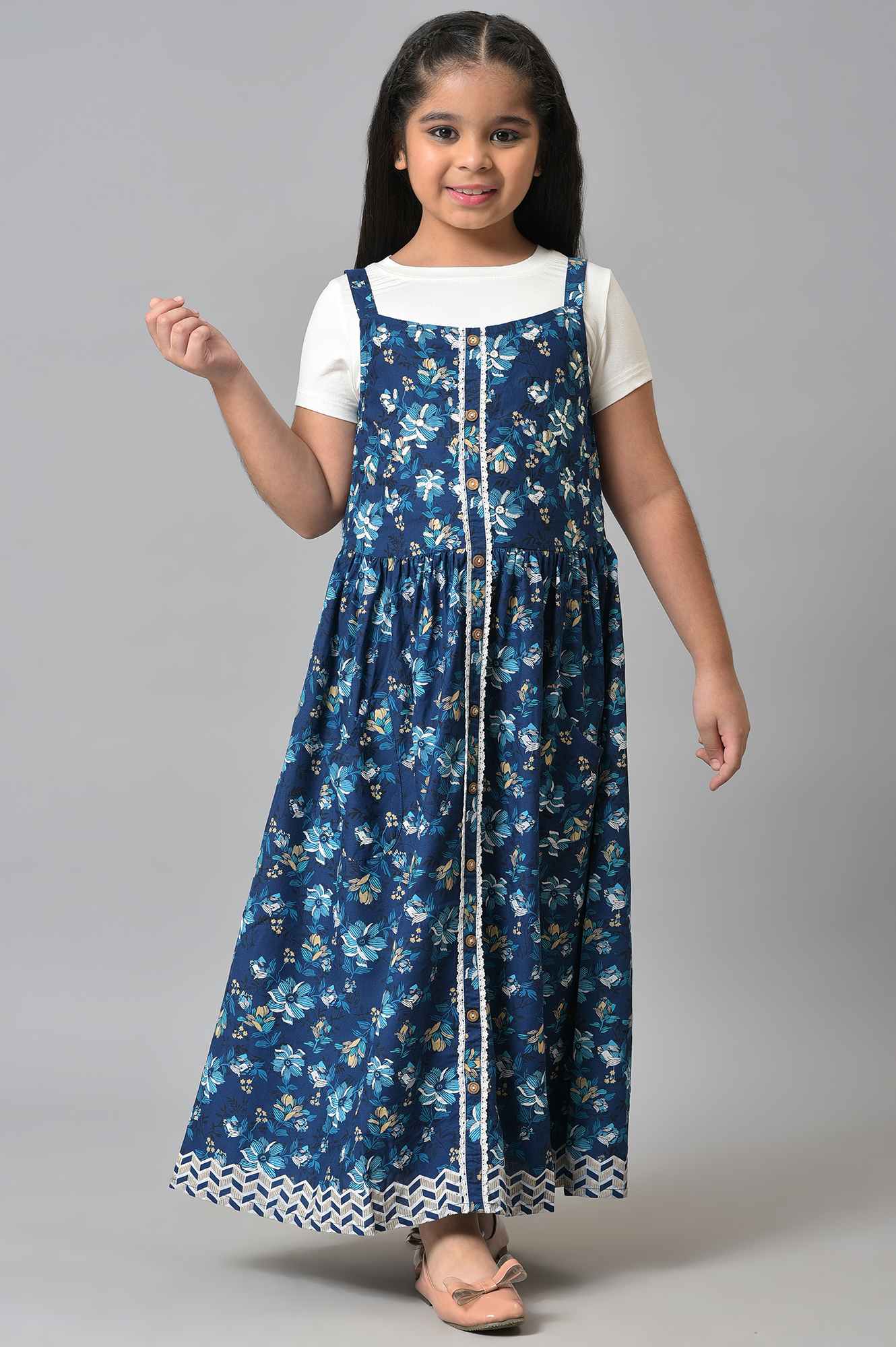 Girls Blue Round Neck Dress With Top - Image 5
