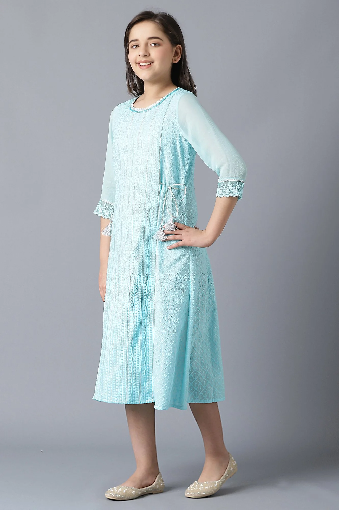 Girls Blue Sequinned Schiffli Dress - Image 3