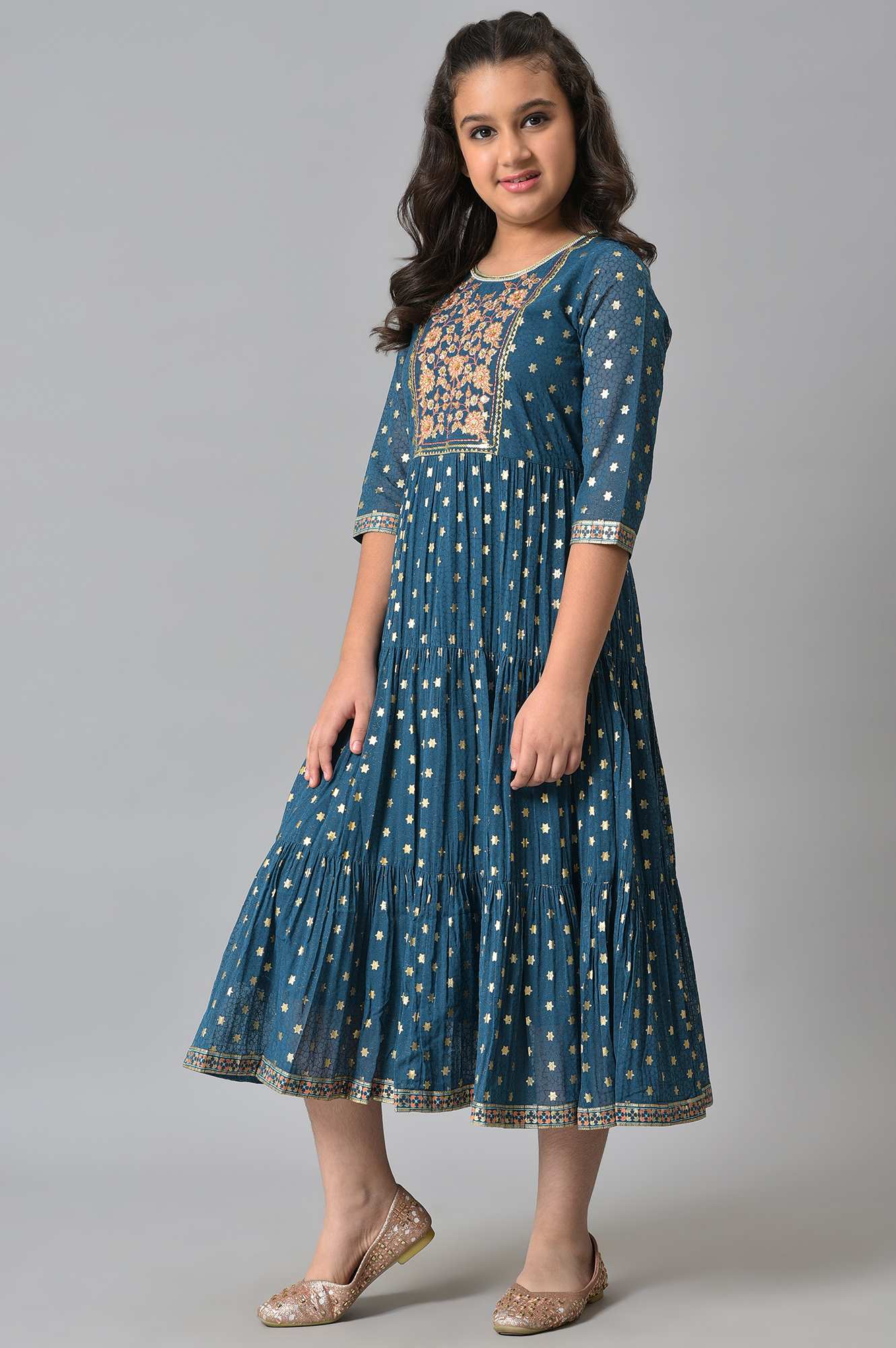 Girls Blue Zari Embroidered Festive Dress - Image 3