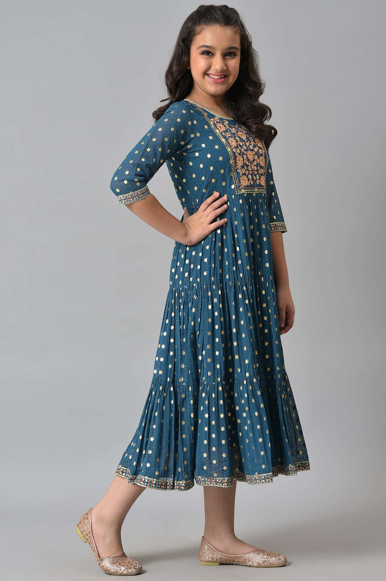 Girls Blue Zari Embroidered Festive Dress - Image 4