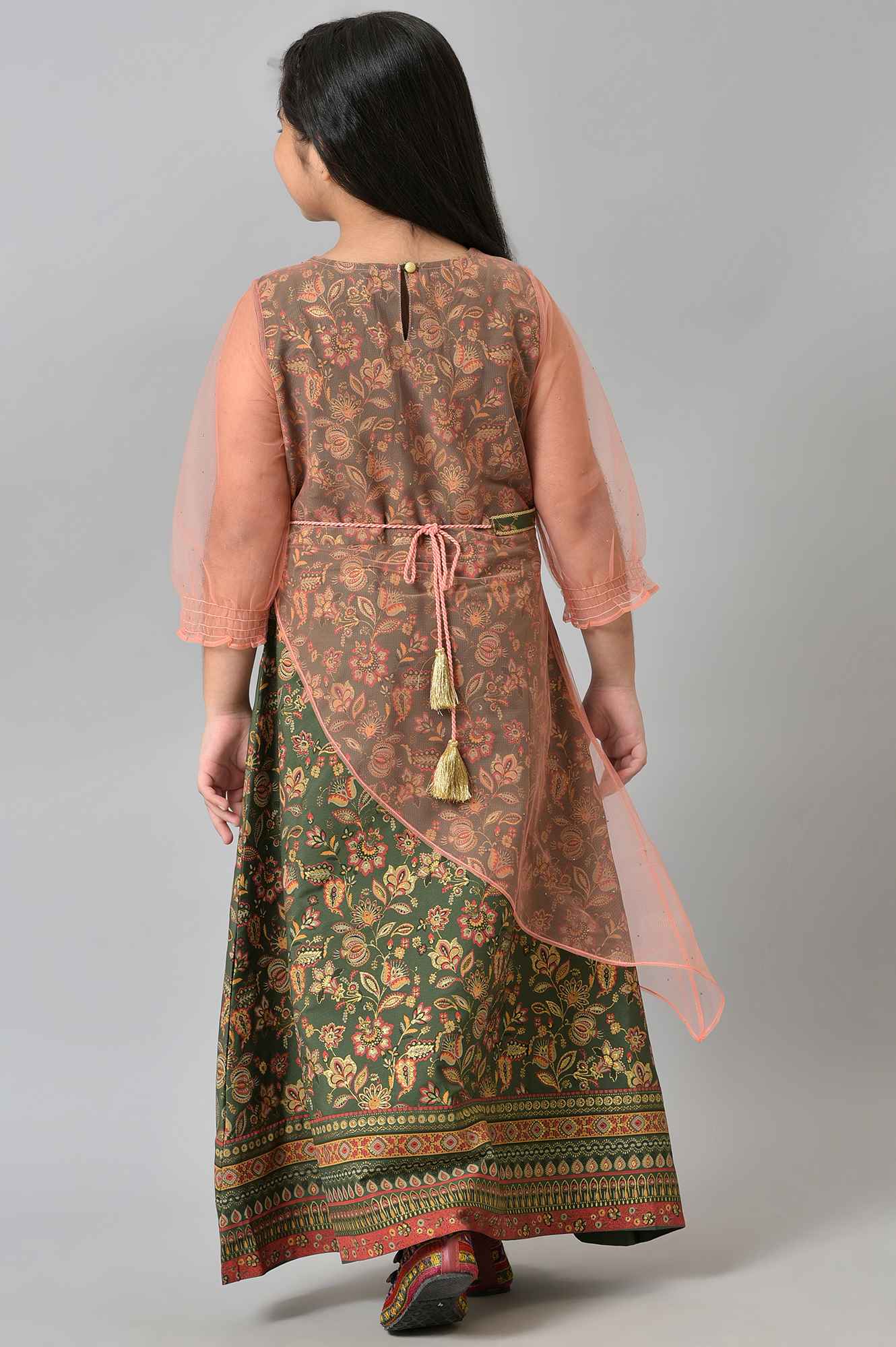 Girls Dark Green Floral Printed Layered Dress - Image 2