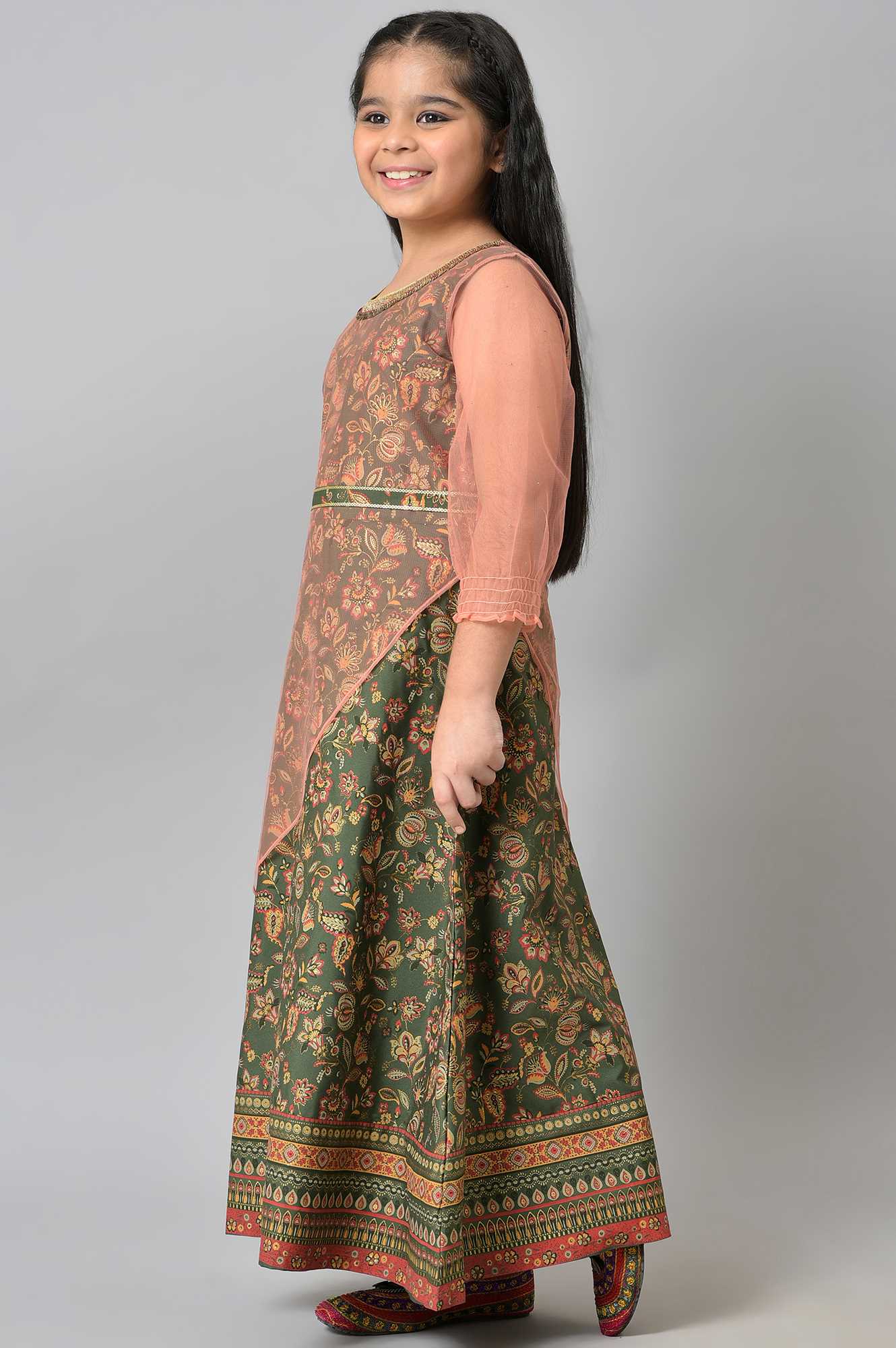 Girls Dark Green Floral Printed Layered Dress - Image 3