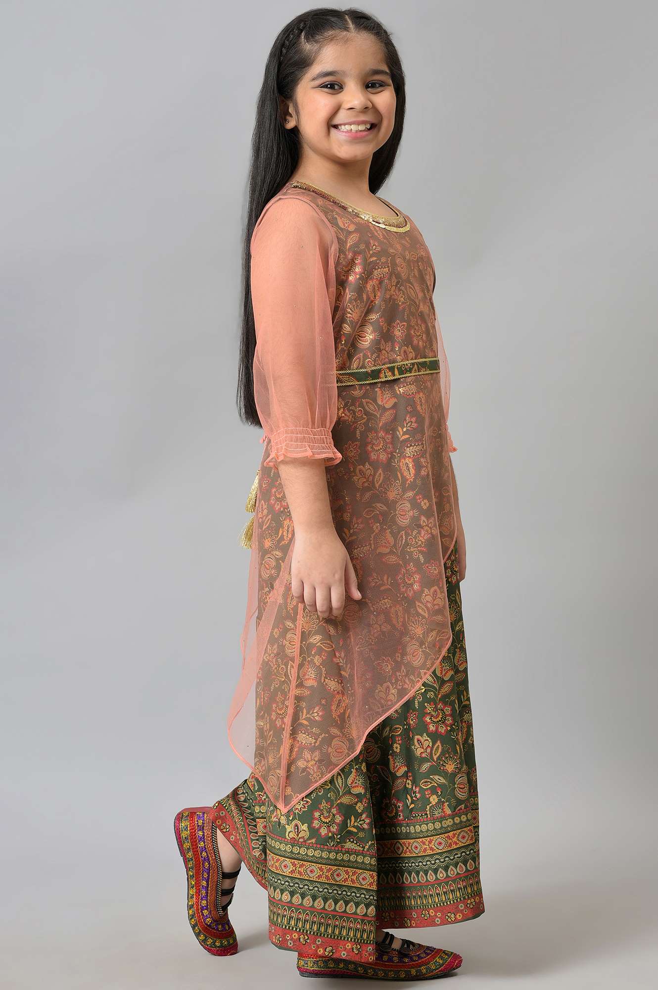 Girls Dark Green Floral Printed Layered Dress - Image 4