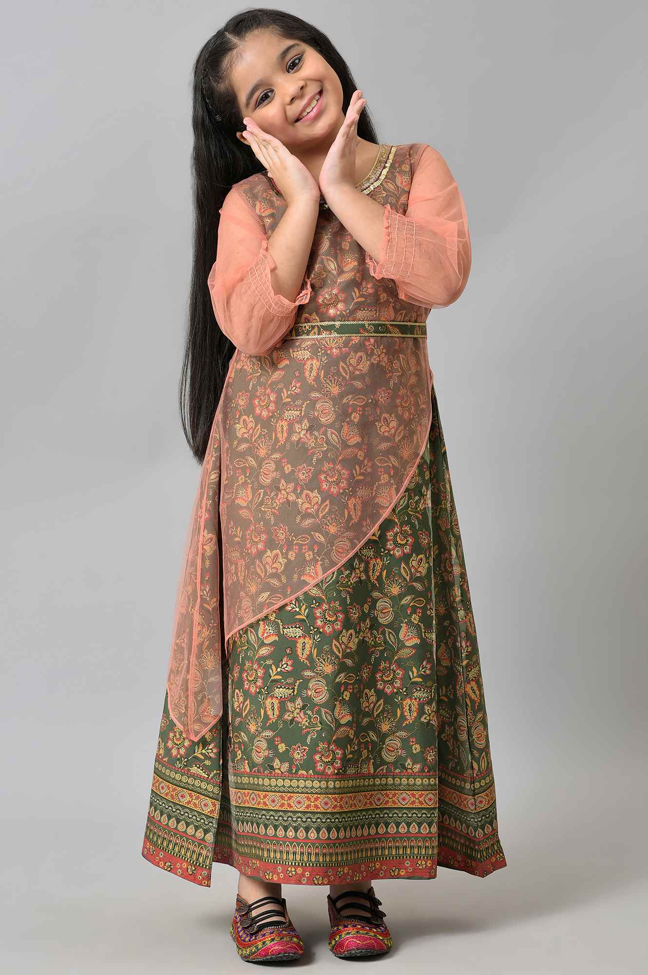 Girls Dark Green Floral Printed Layered Dress - Image 5