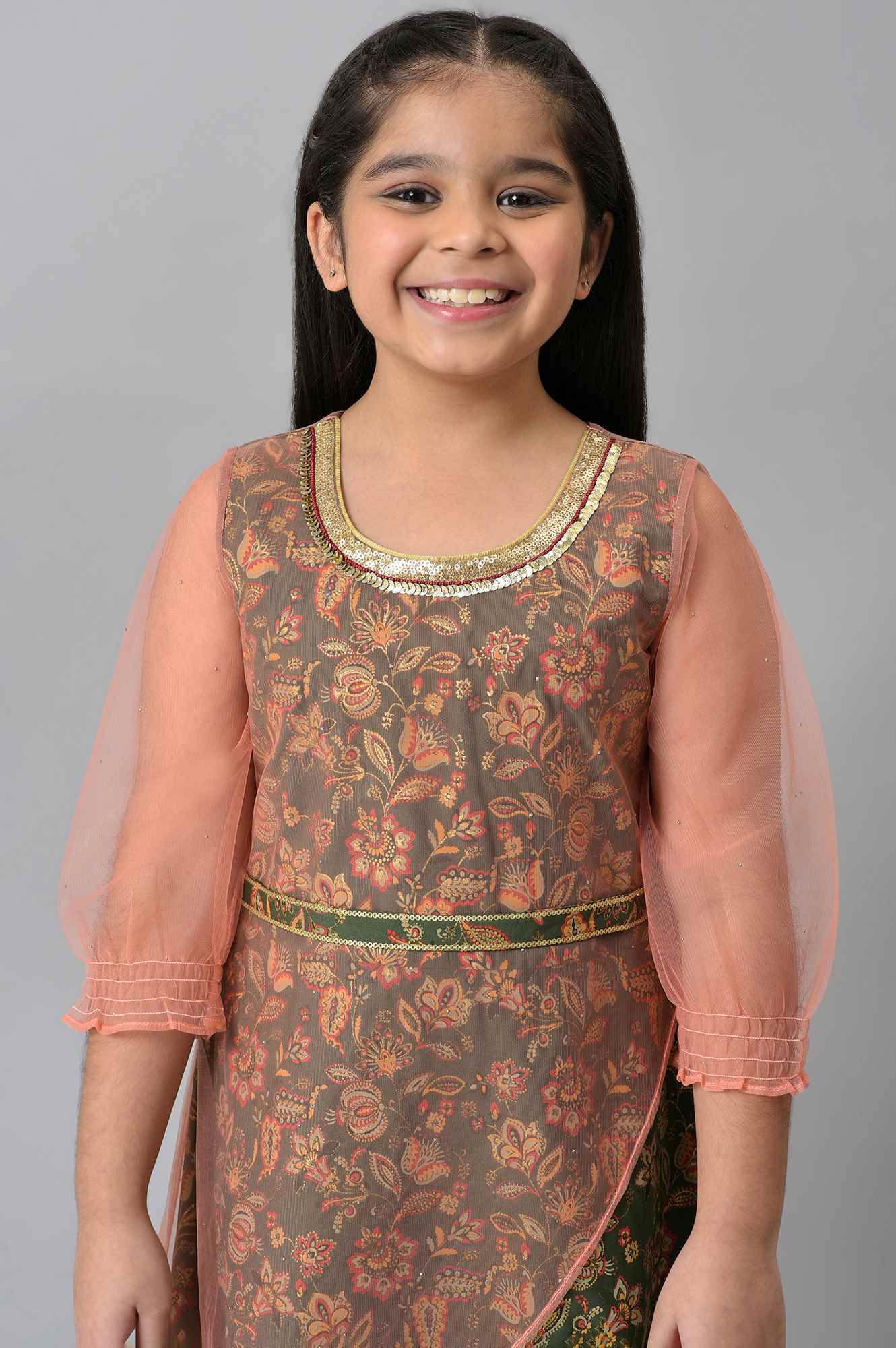 Girls Dark Green Floral Printed Layered Dress - Image 6