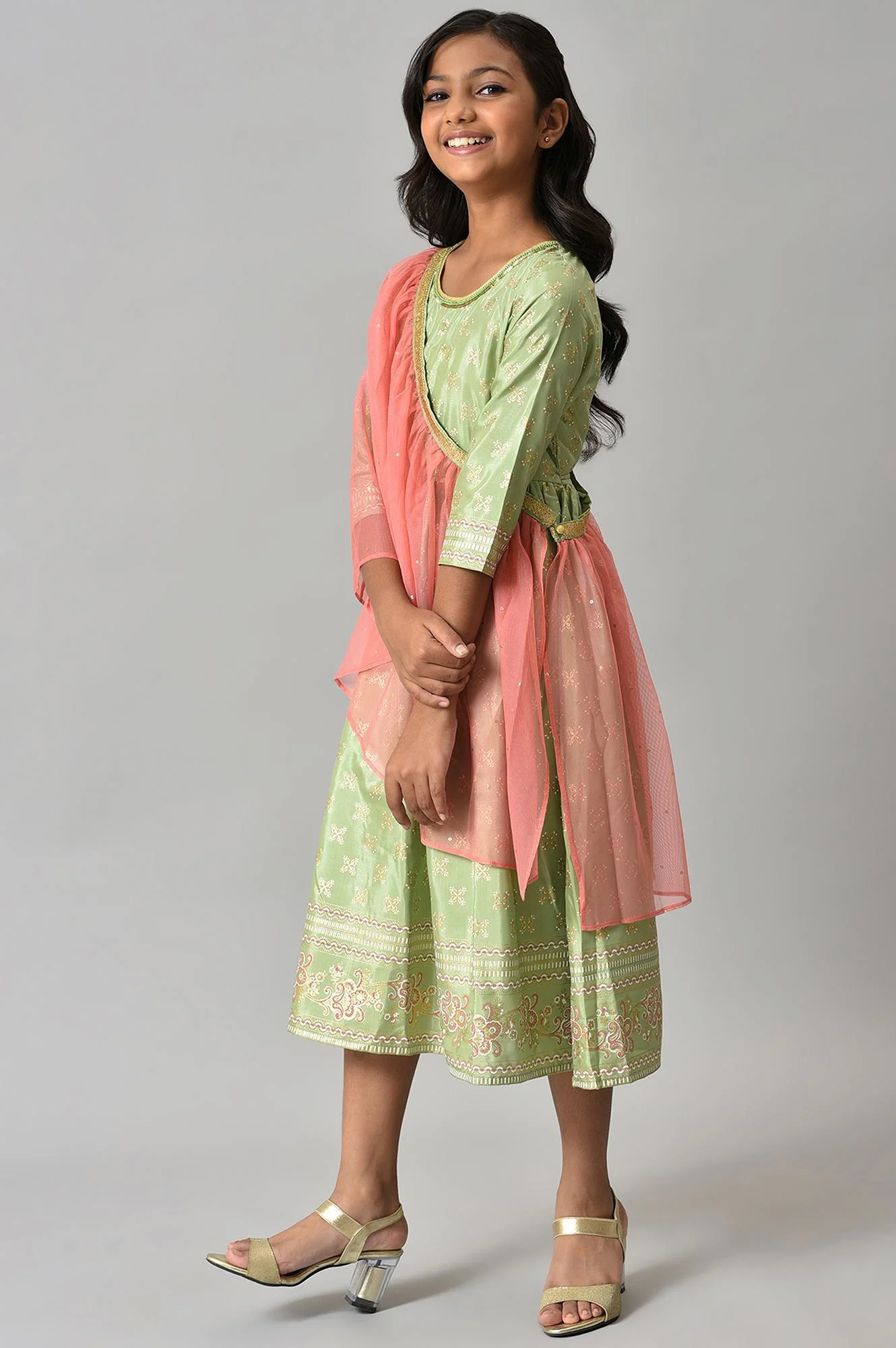Girls Green Floral Printed Dress With Dupatta - Image 3