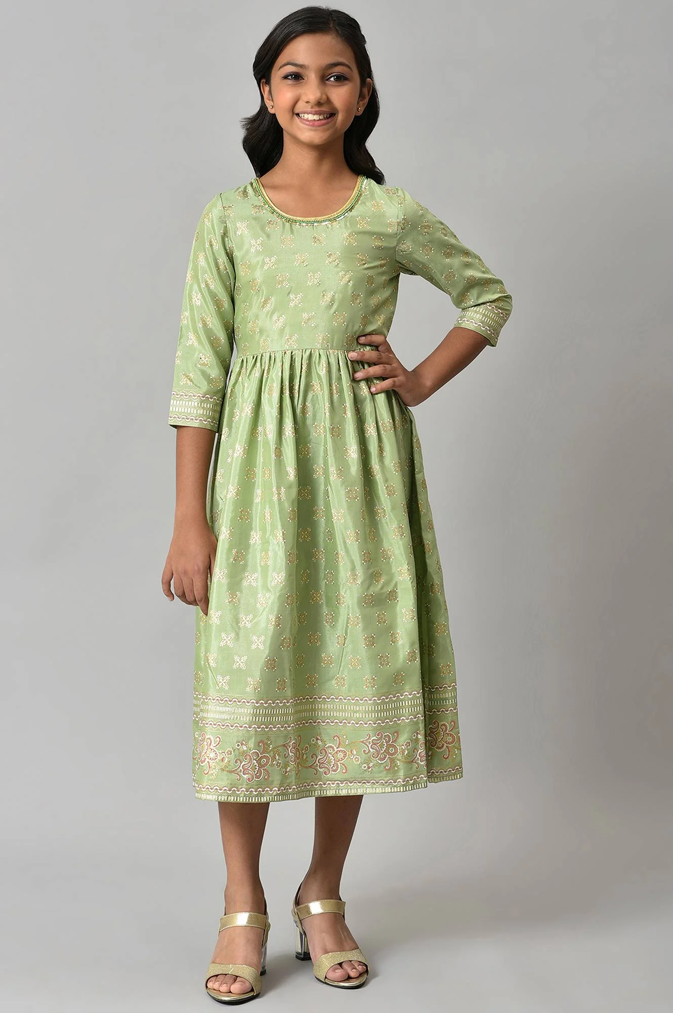 Girls Green Floral Printed Dress With Dupatta - Image 7