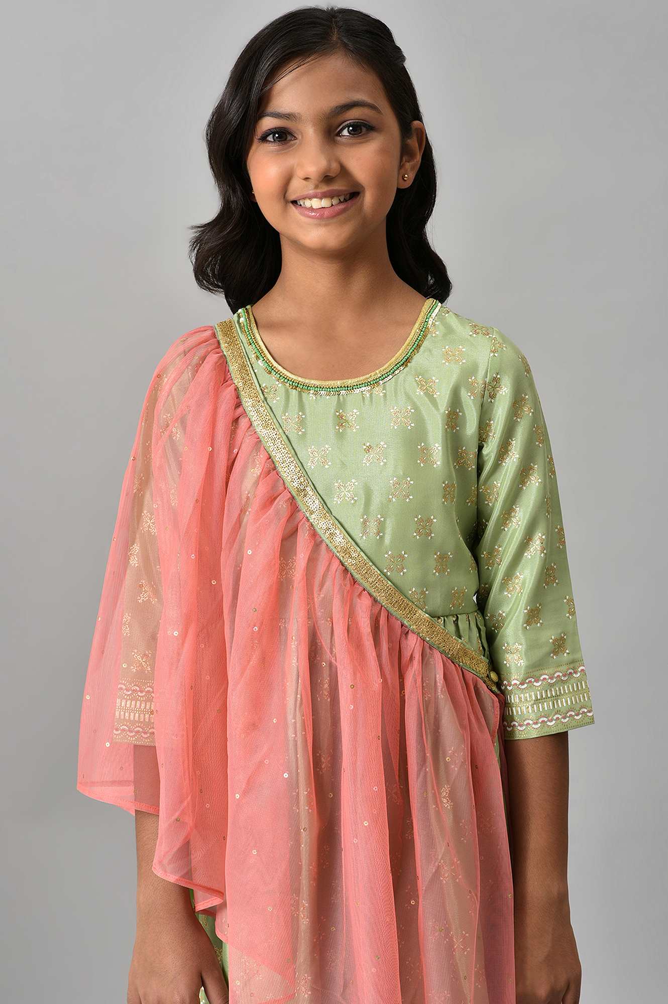 Girls Green Floral Printed Dress With Dupatta - Image 5