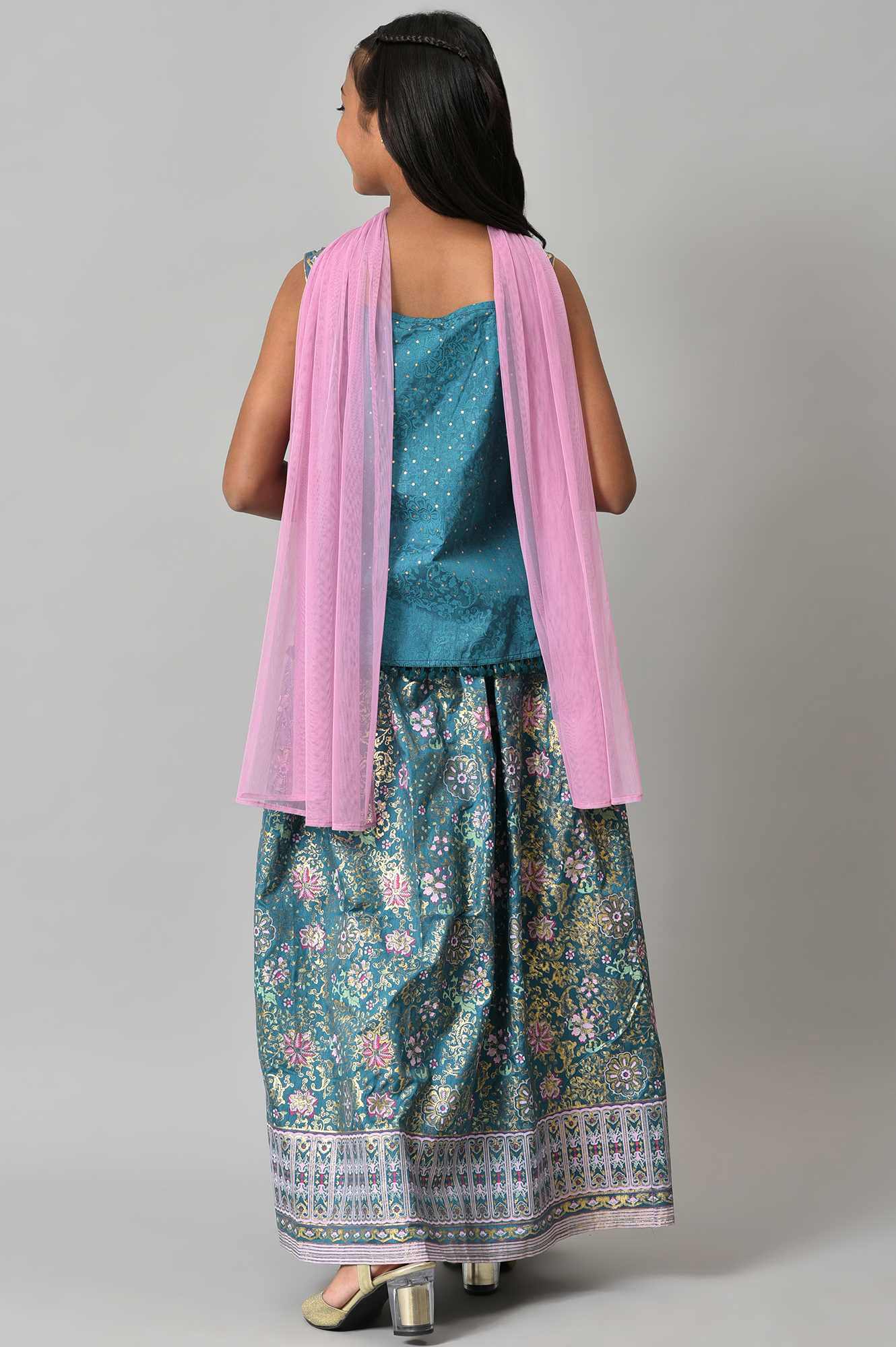 Girls Green Floral Printed kurta With Skirt And Pink Dupatta - Image 2