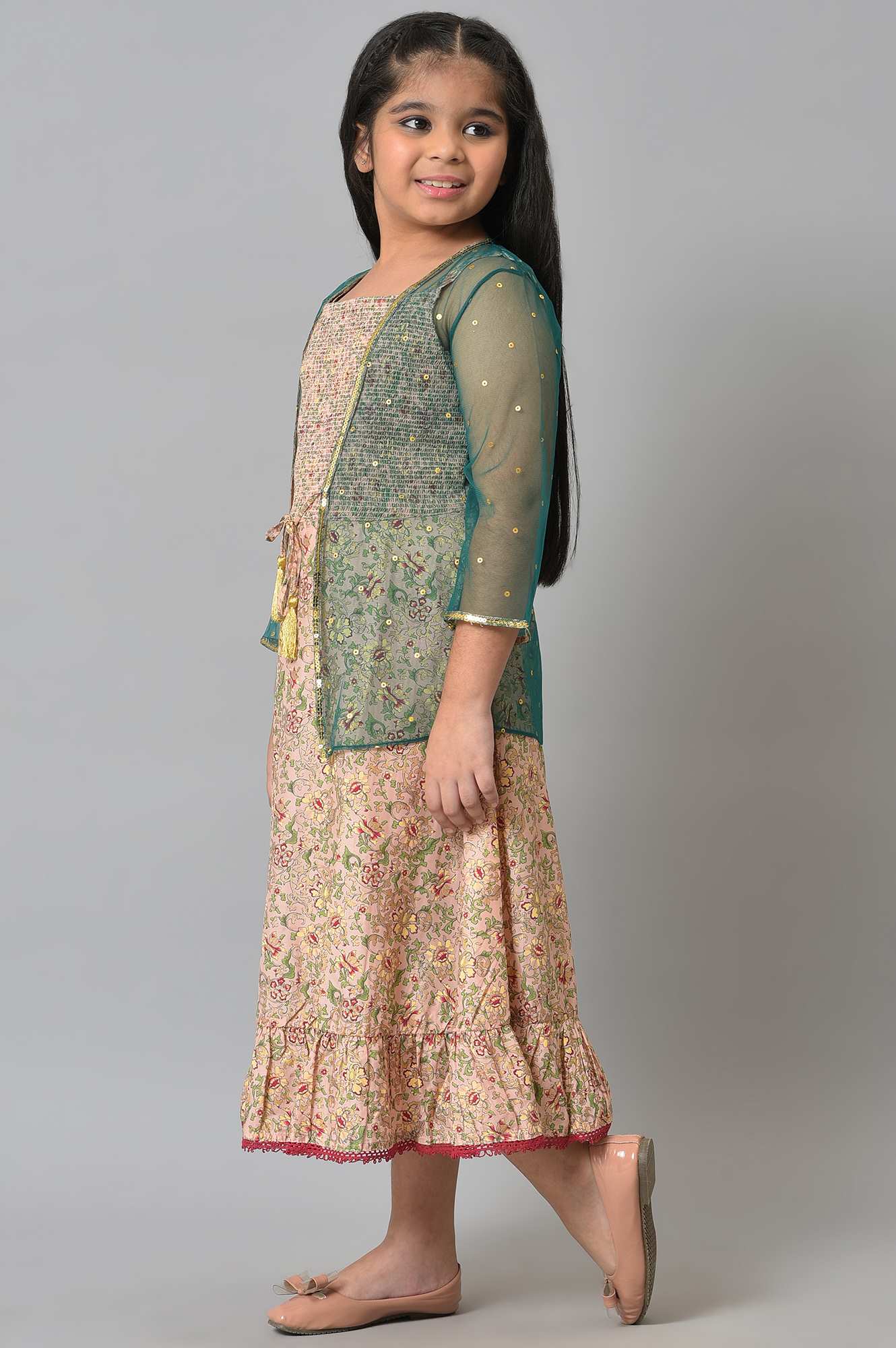 Girls Green Poly Net Gillet With Pink Floral Printed Dress - Image 3