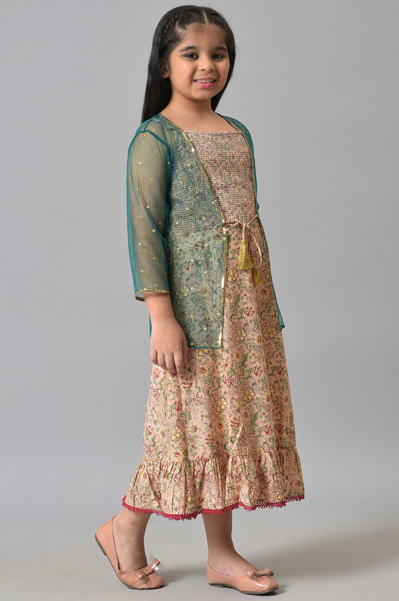 Girls Green Poly Net Gillet With Pink Floral Printed Dress - Image 4