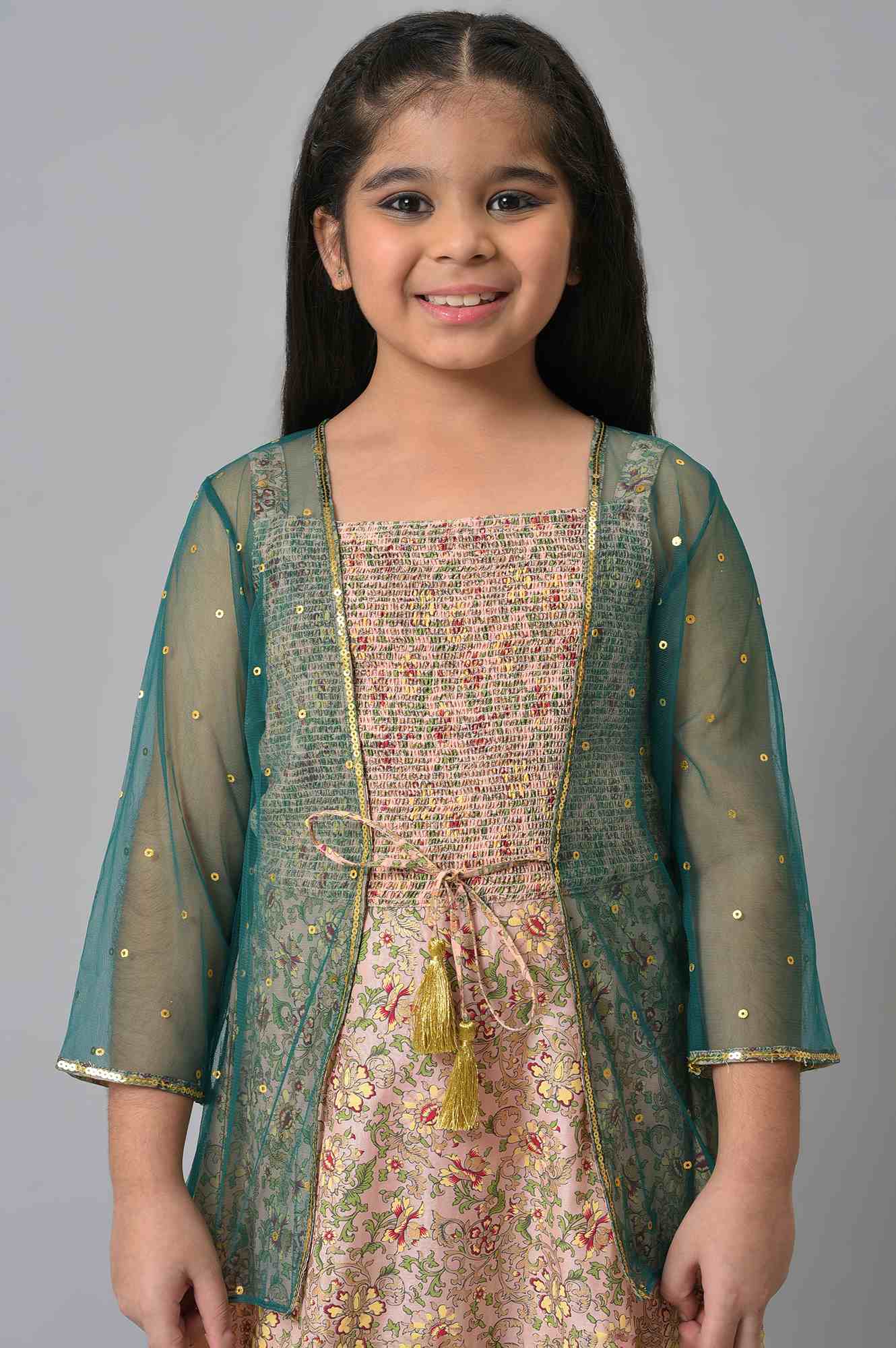 Girls Green Poly Net Gillet With Pink Floral Printed Dress - Image 5