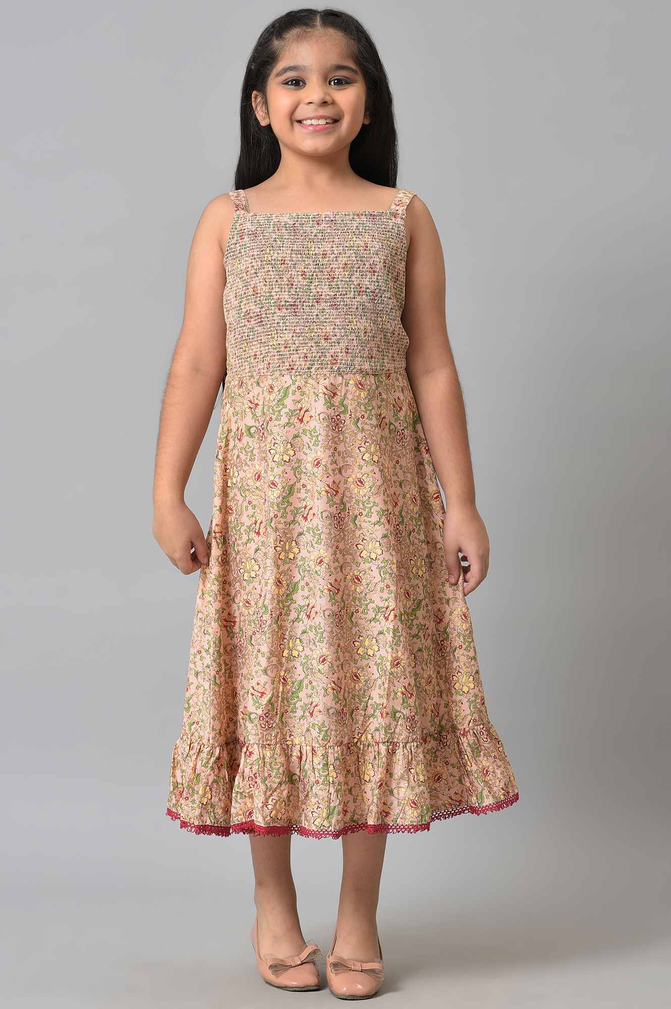 Girls Green Poly Net Gillet With Pink Floral Printed Dress - Image 6