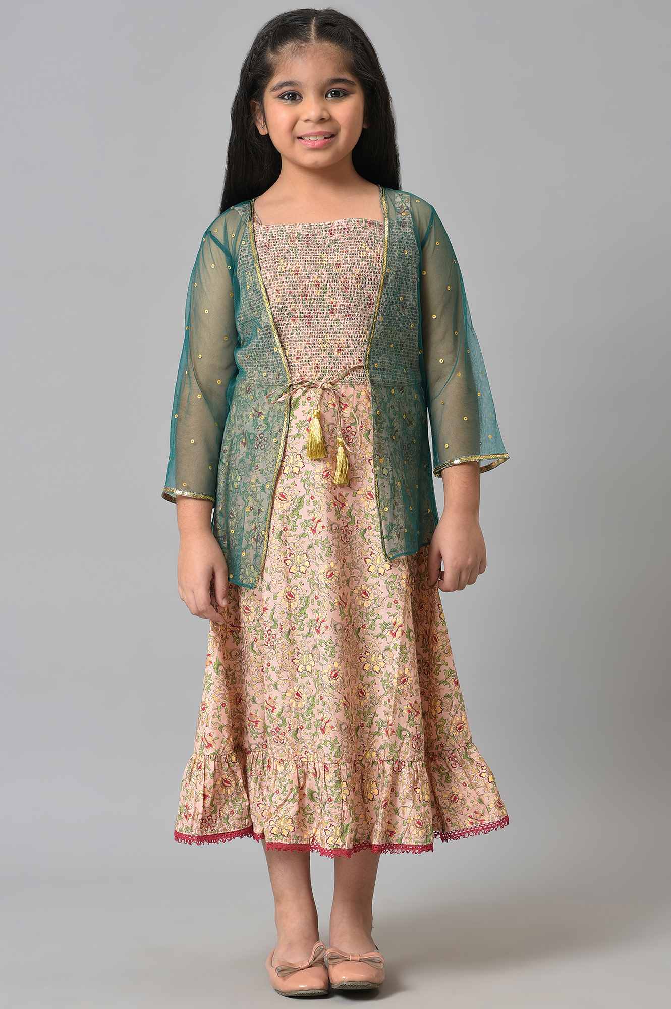 Girls Green Poly Net Gillet With Pink Floral Printed Dress - Image 8