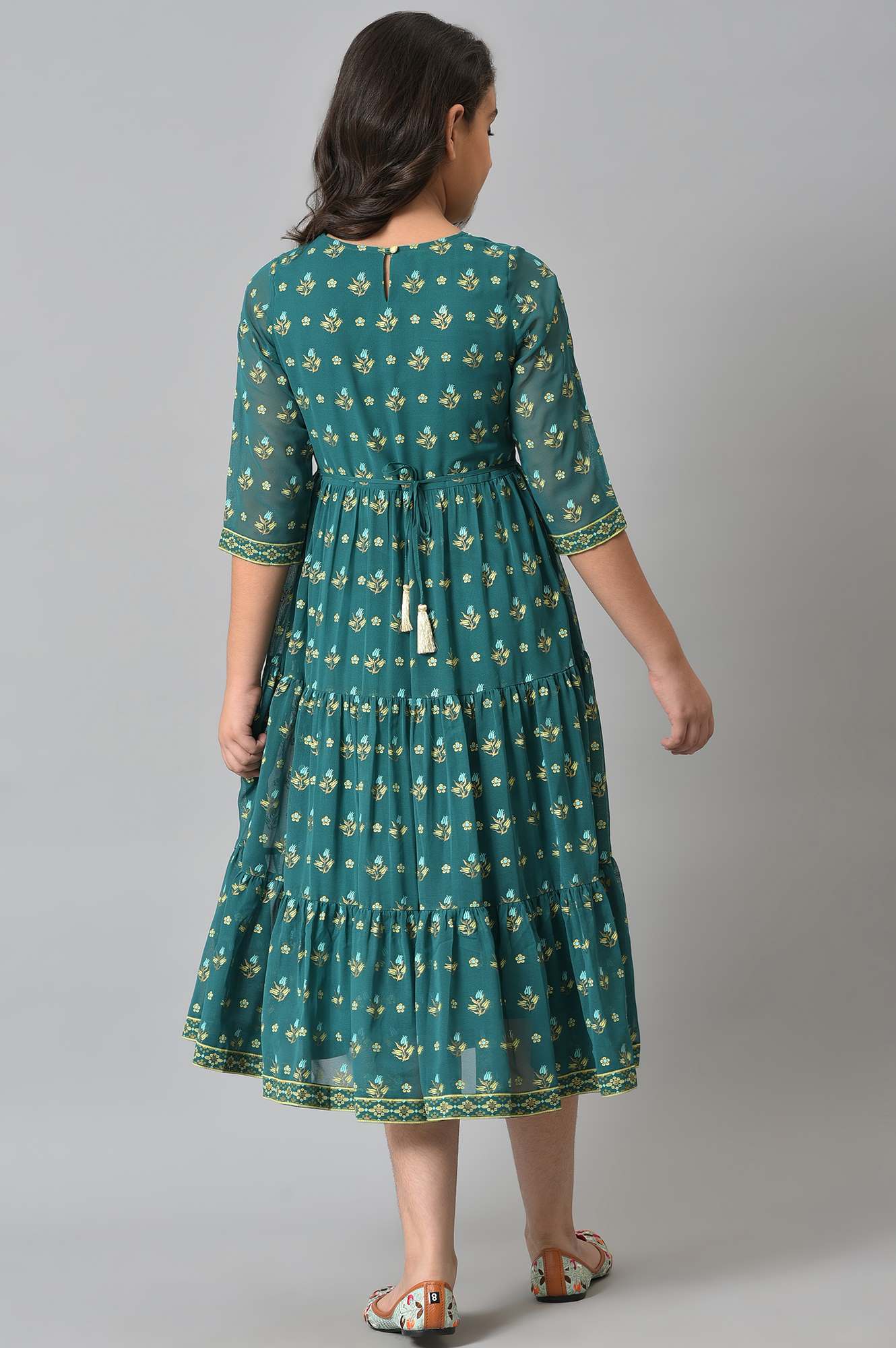 Girls Green Zari Embroidered Festive Dress - Image 2