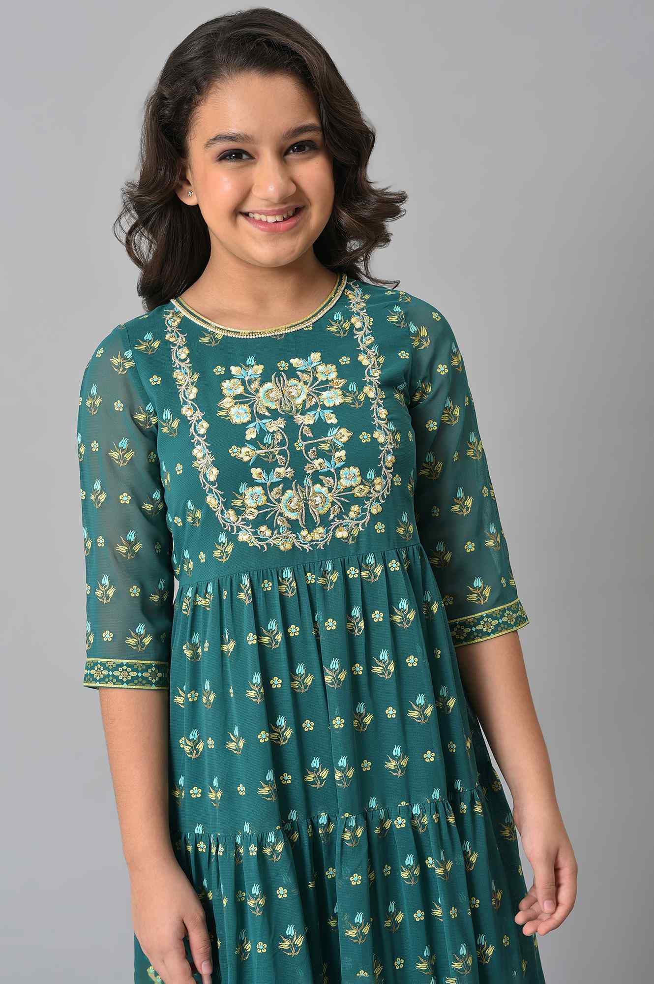 Girls Green Zari Embroidered Festive Dress - Image 5